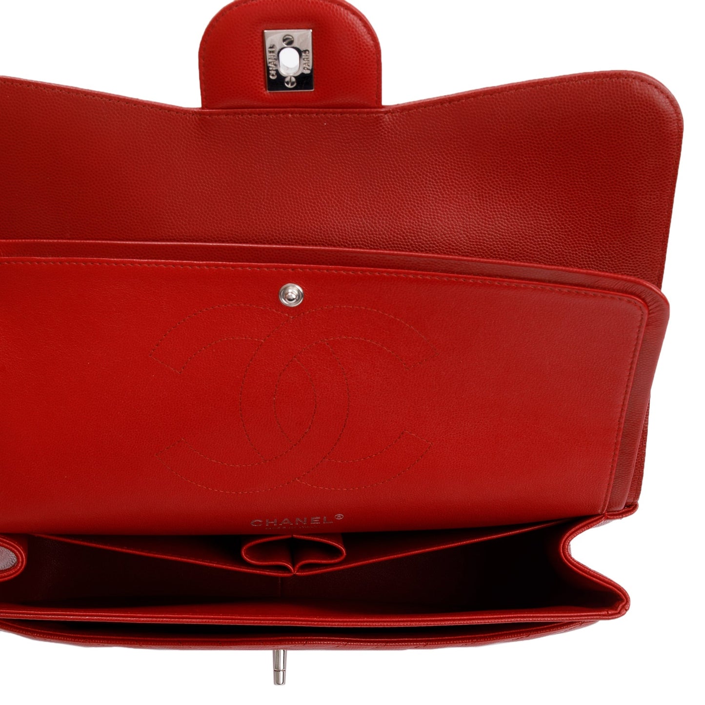 Chanel Red Quilted Caviar Leather Chevron Jumbo Double Flap Bag