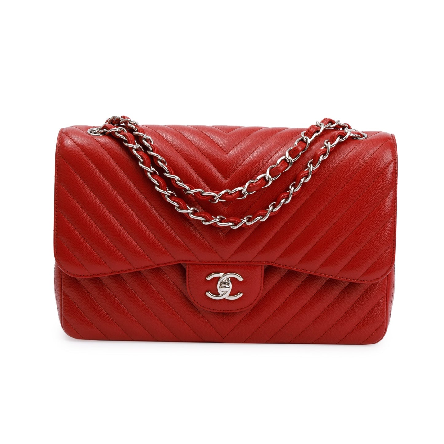 Chanel Red Quilted Caviar Leather Chevron Jumbo Double Flap Bag