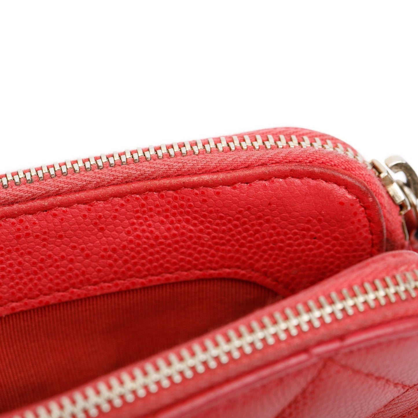 Chanel Red Quilted Caviar Leather Classic Double Zip Wallet on Chain