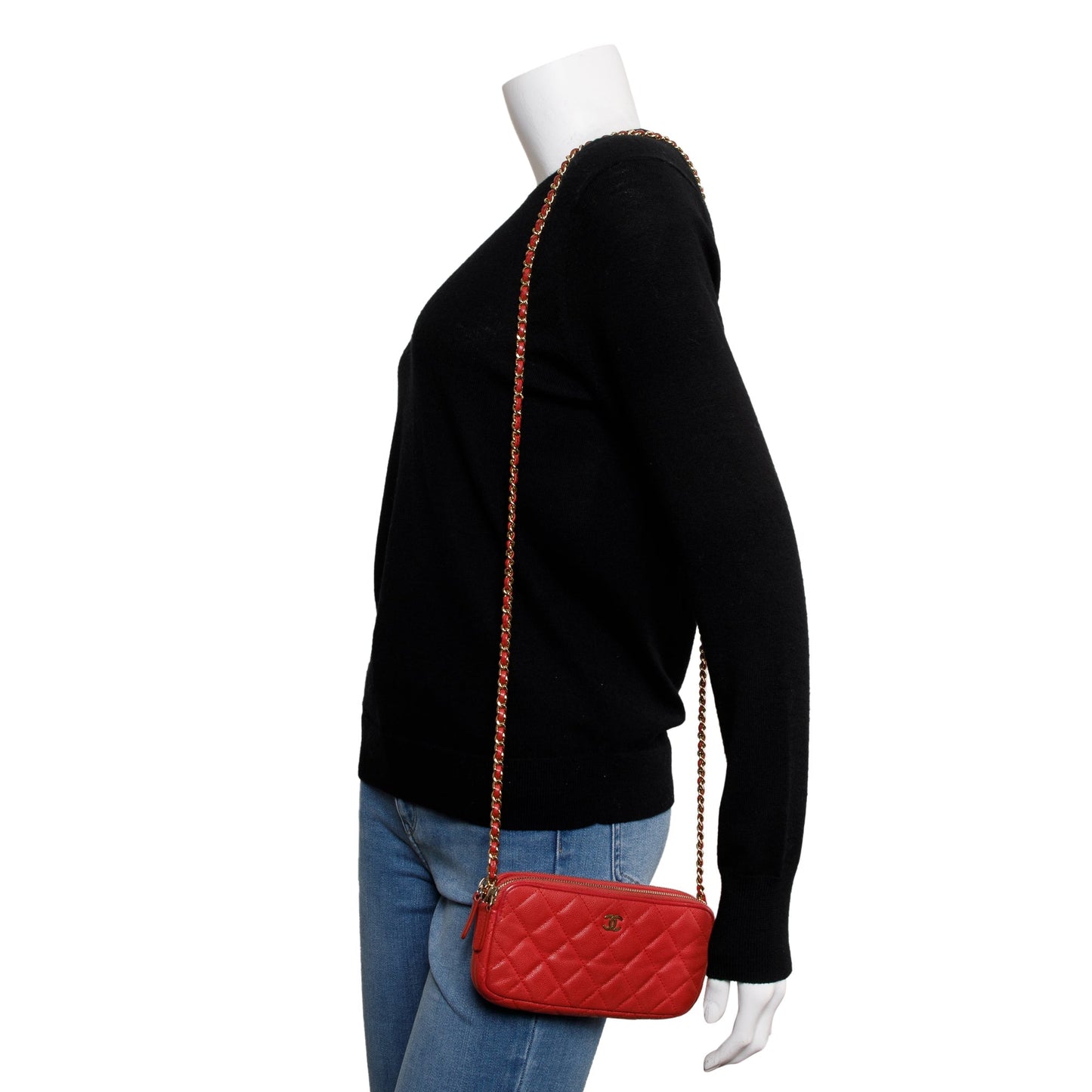 Chanel Red Quilted Caviar Leather Classic Double Zip Wallet on Chain