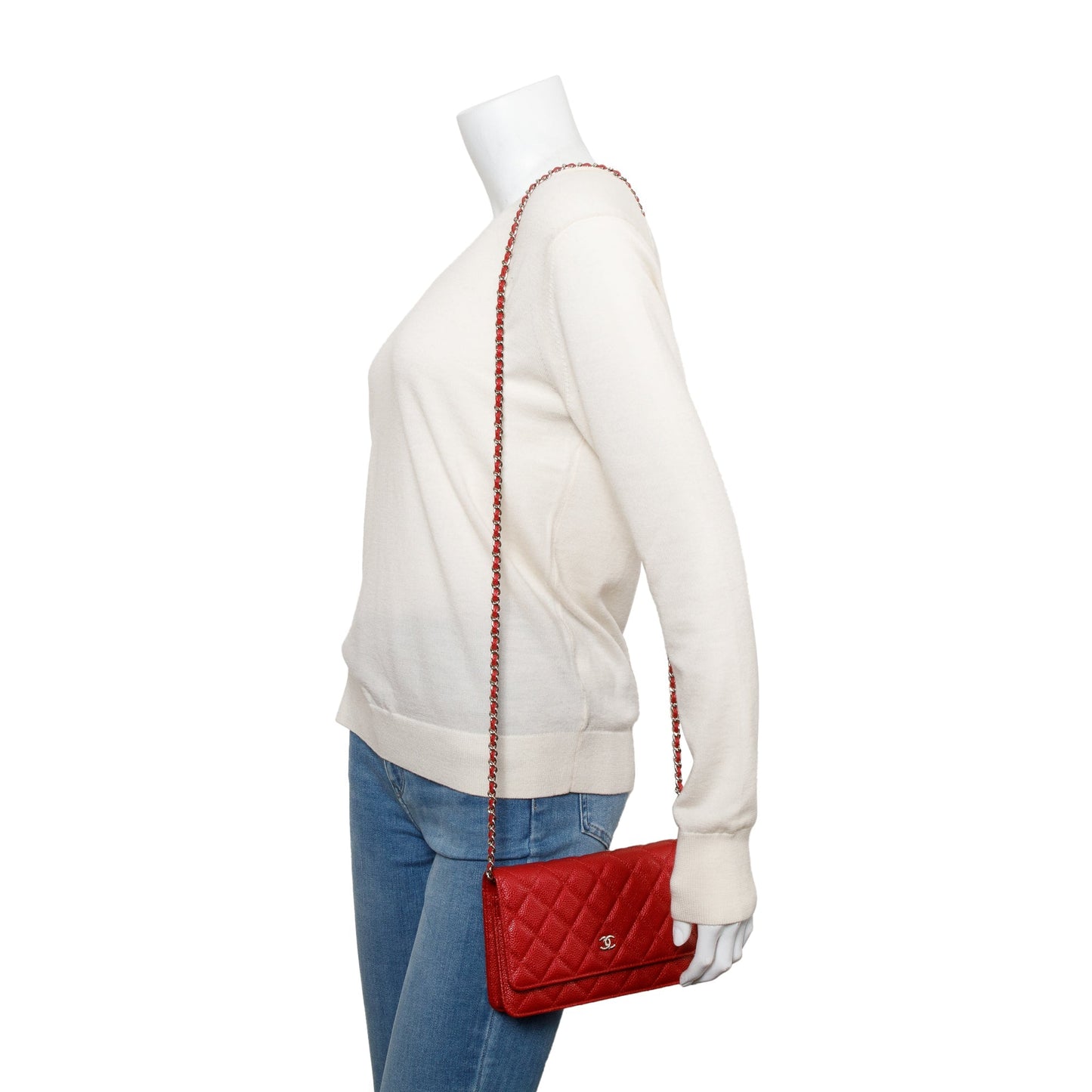 Chanel Red Quilted Caviar Leather Classic Wallet on Chain