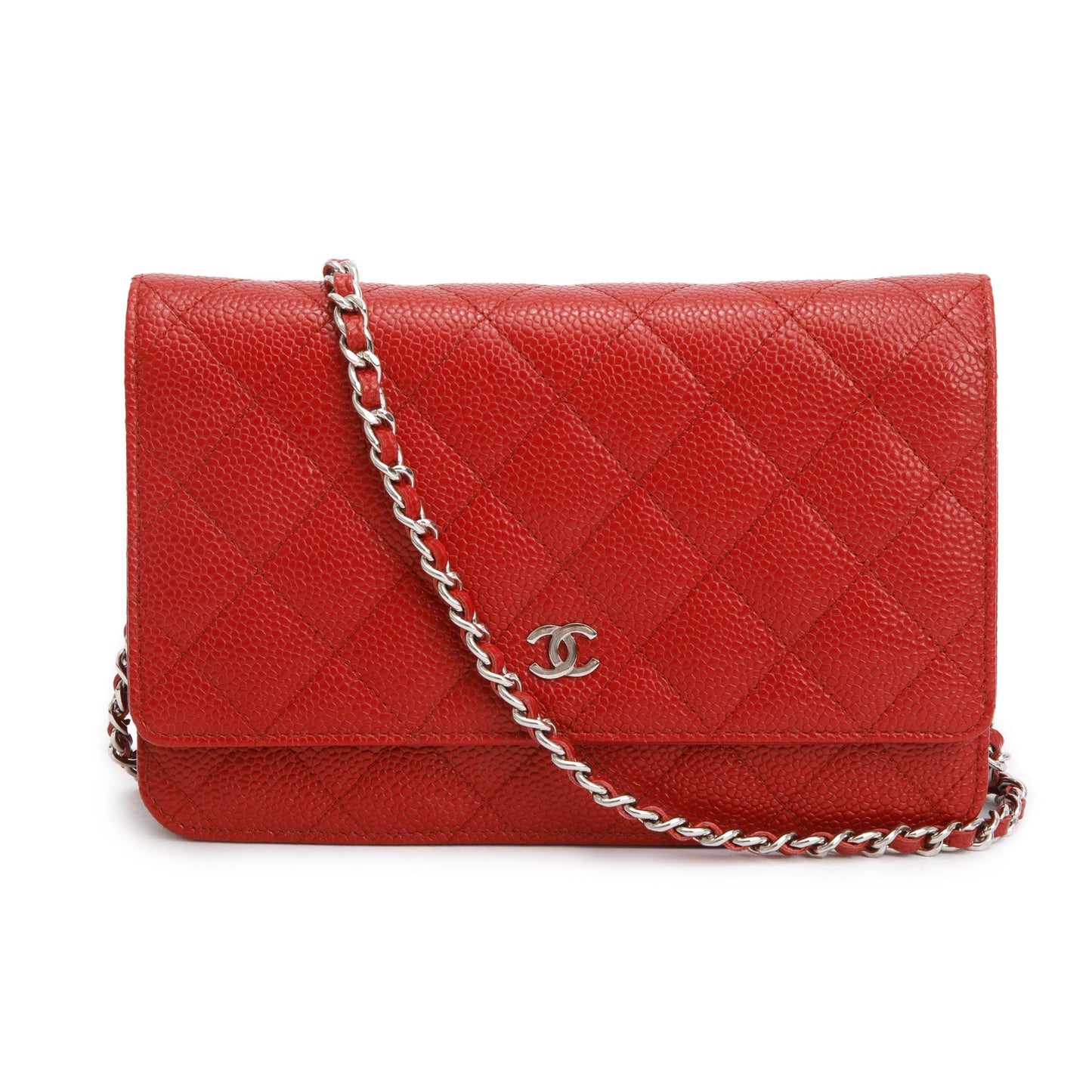 Chanel Red Quilted Caviar Leather Classic Wallet on Chain