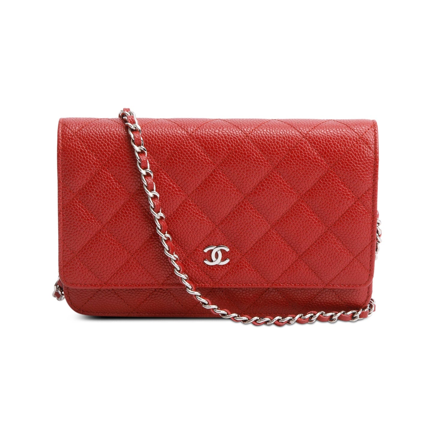 Chanel Red Quilted Caviar Leather Classic Wallet on Chain