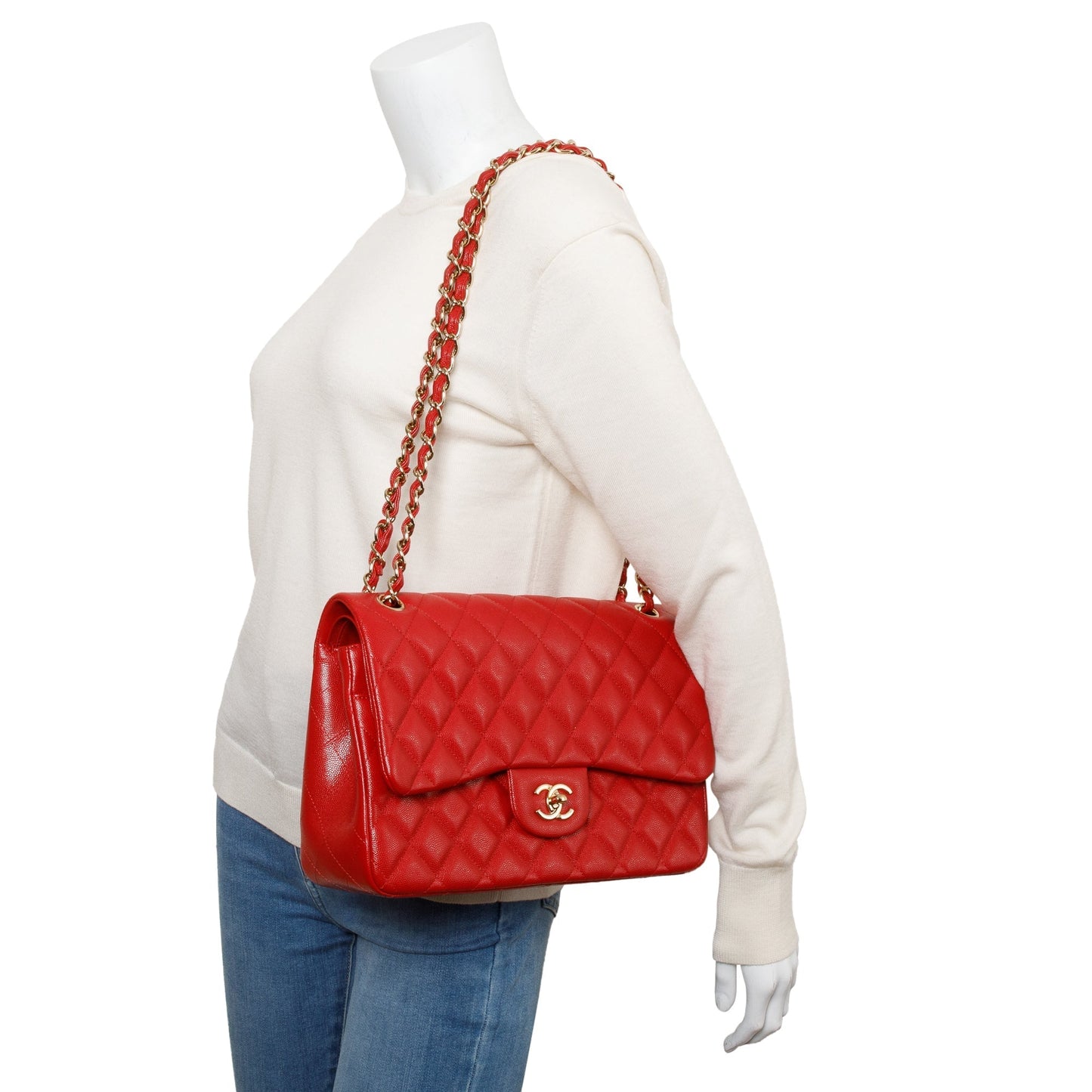 Chanel Red Quilted Caviar Leather Jumbo Double Flap Bag