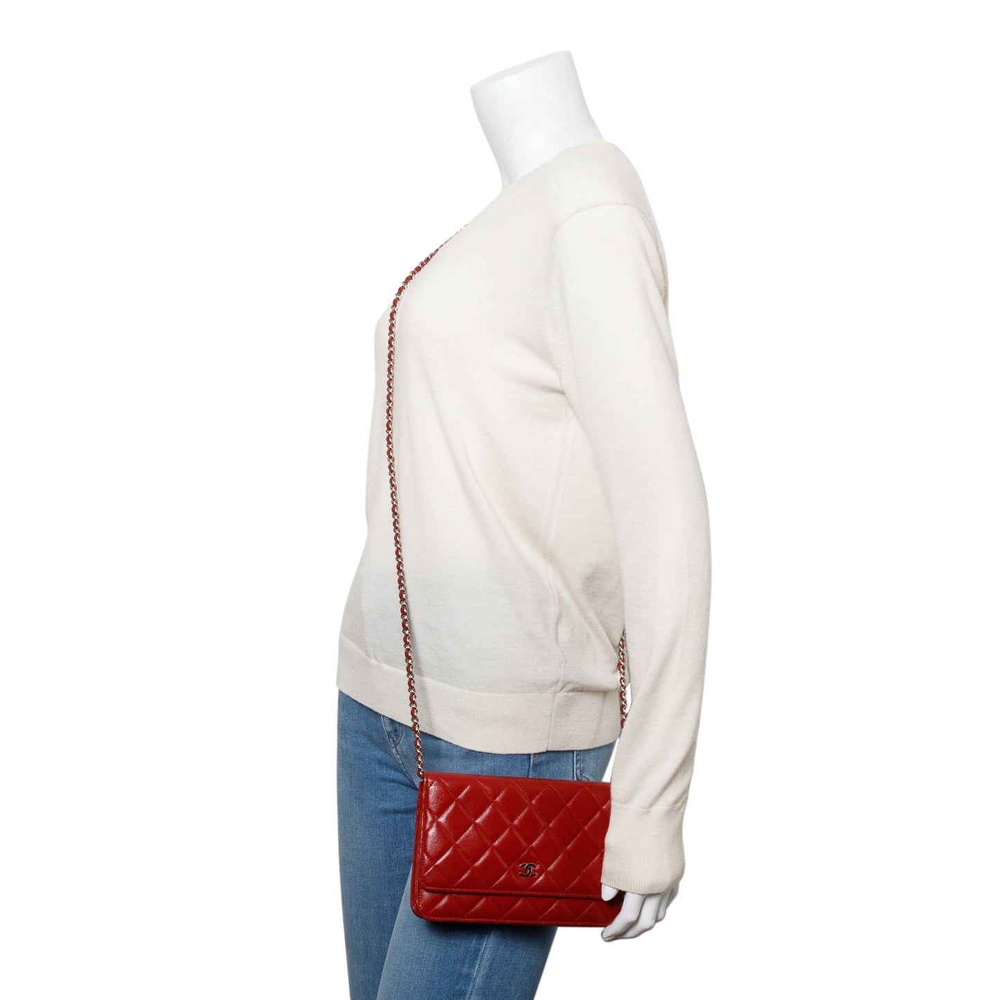 Chanel Red Quilted Lambskin Leather Classic Wallet on Chain