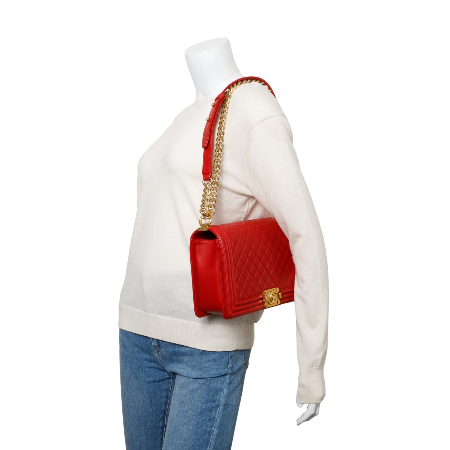 Chanel Red Quilted Lambskin Leather Large Boy Bag
