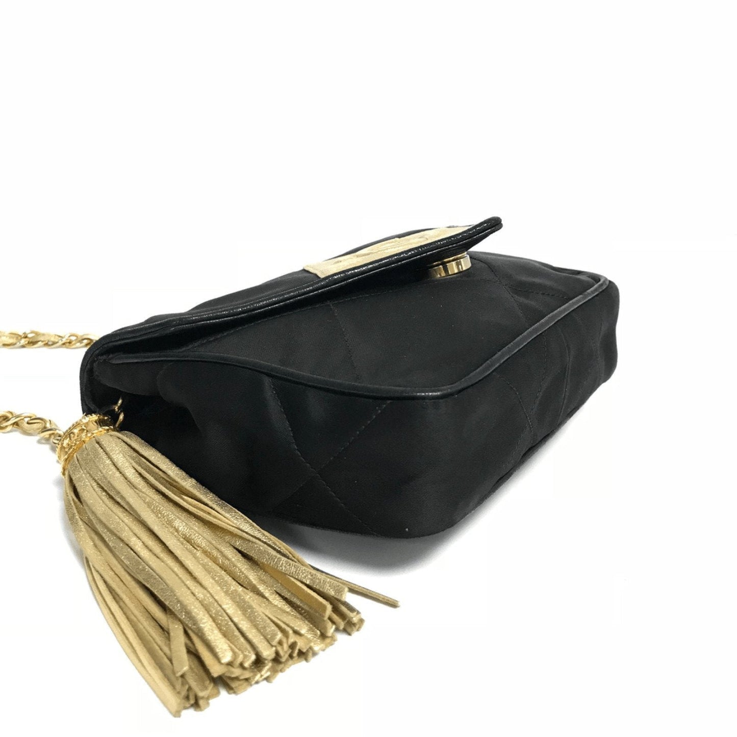 Chanel Satin Black and Gold Tassel Evening Bag