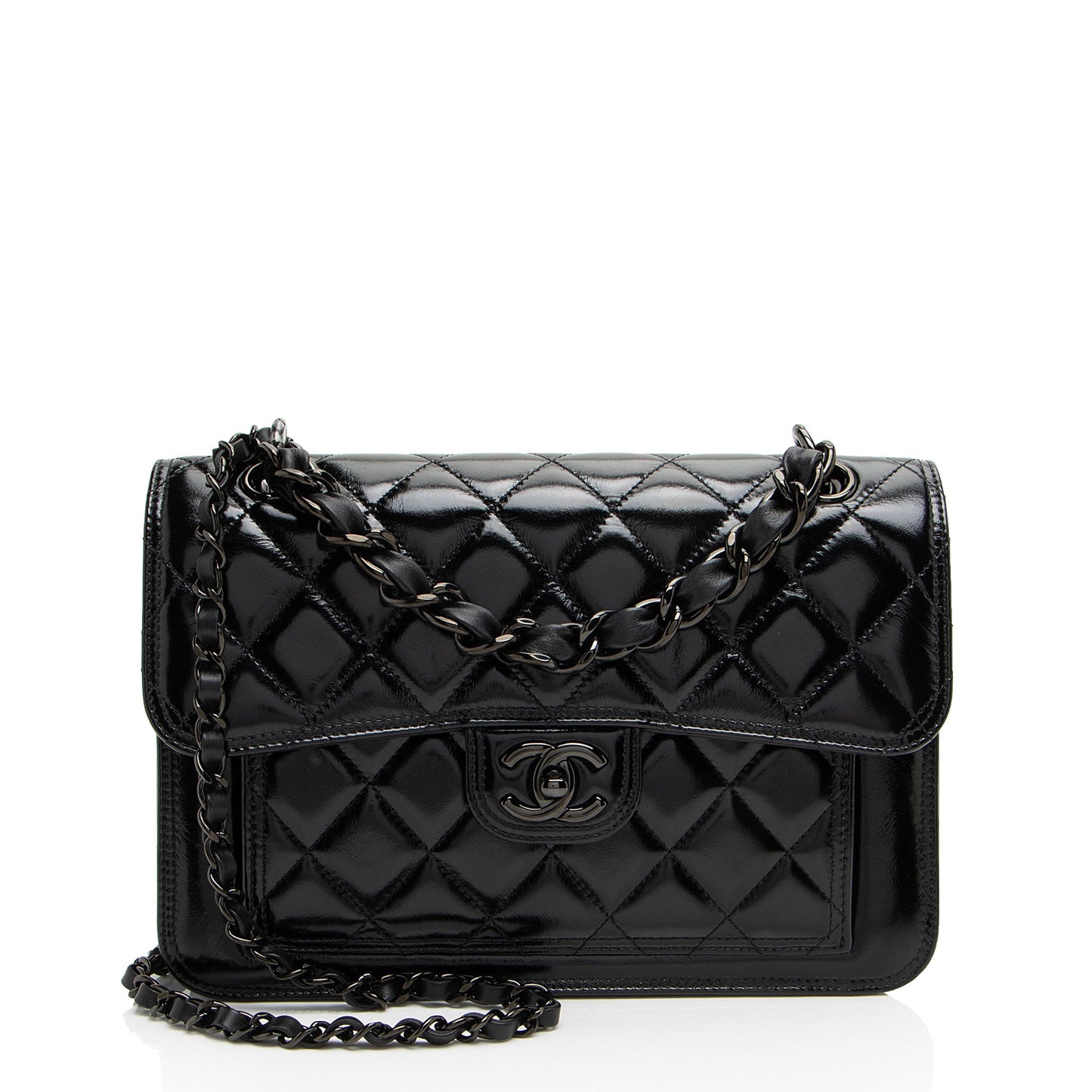 Chanel Shiny Crumpled Calfskin So Black Double You Flap Bag