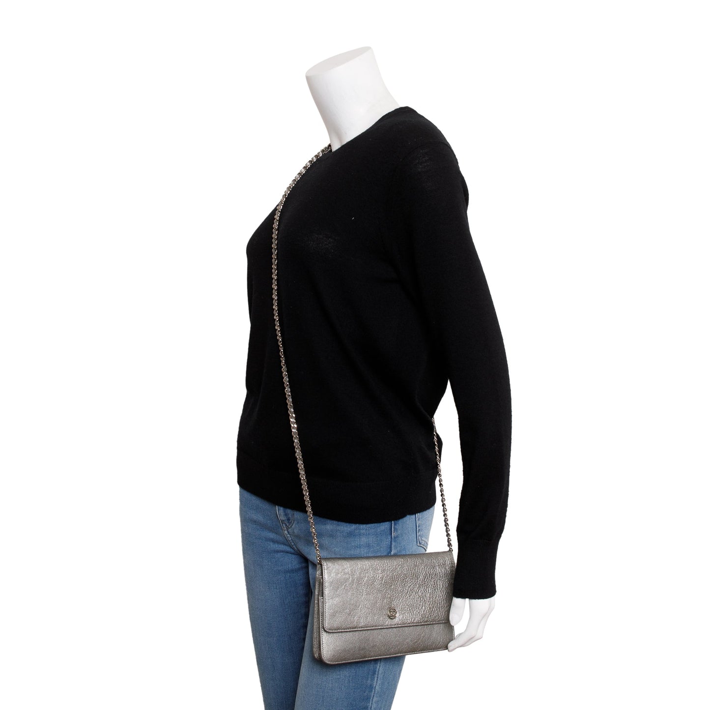 Chanel Silver Calfskin Leather CC Wallet on Chain