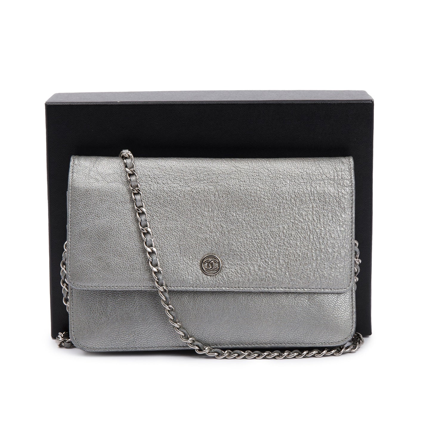 Chanel Silver Calfskin Leather CC Wallet on Chain