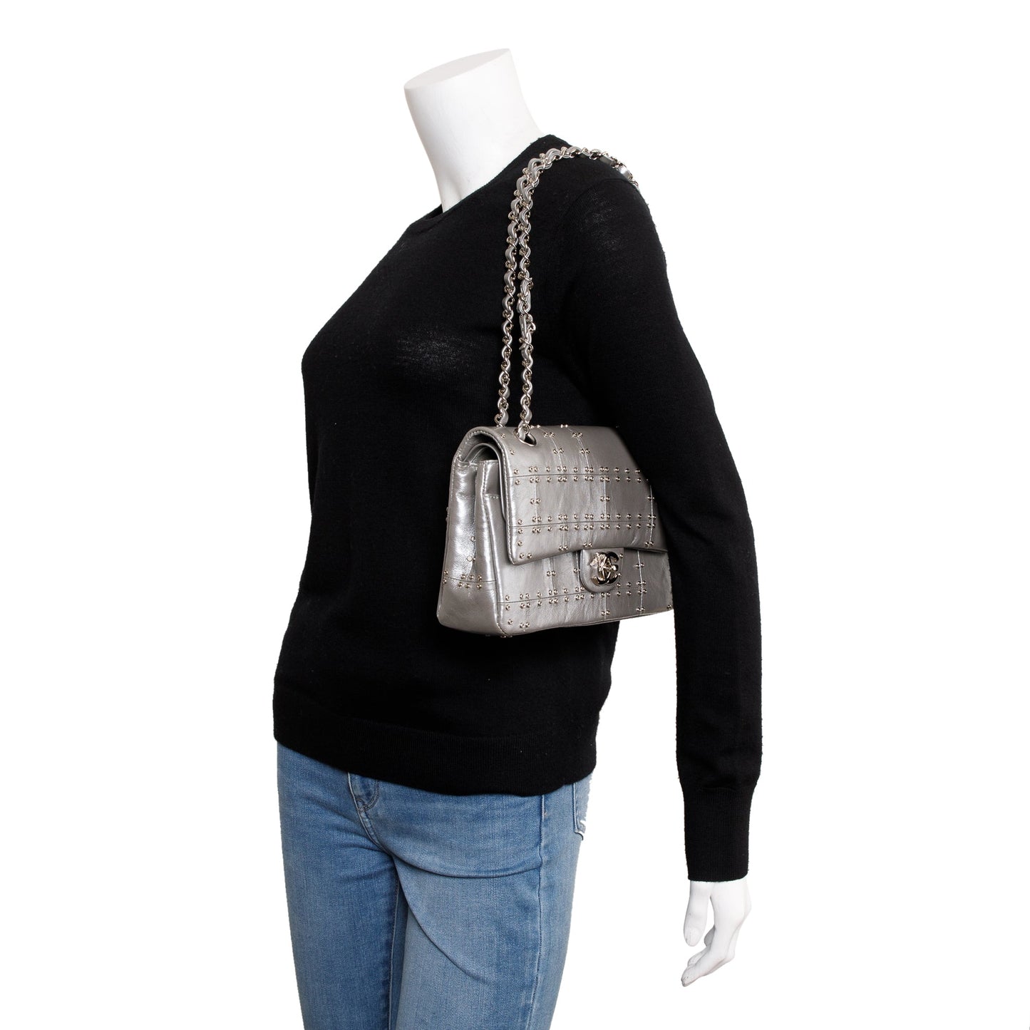 Chanel Silver Calfskin Leather Grommet Airline Medium Double Flap Bag