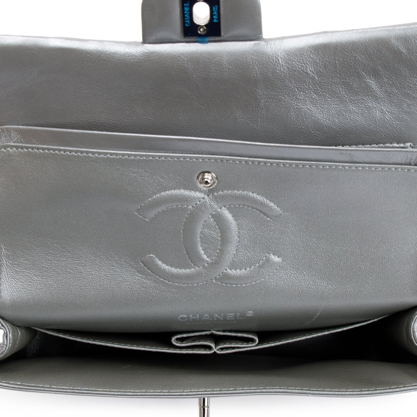 Chanel Silver Calfskin Leather Grommet Airline Medium Double Flap Bag
