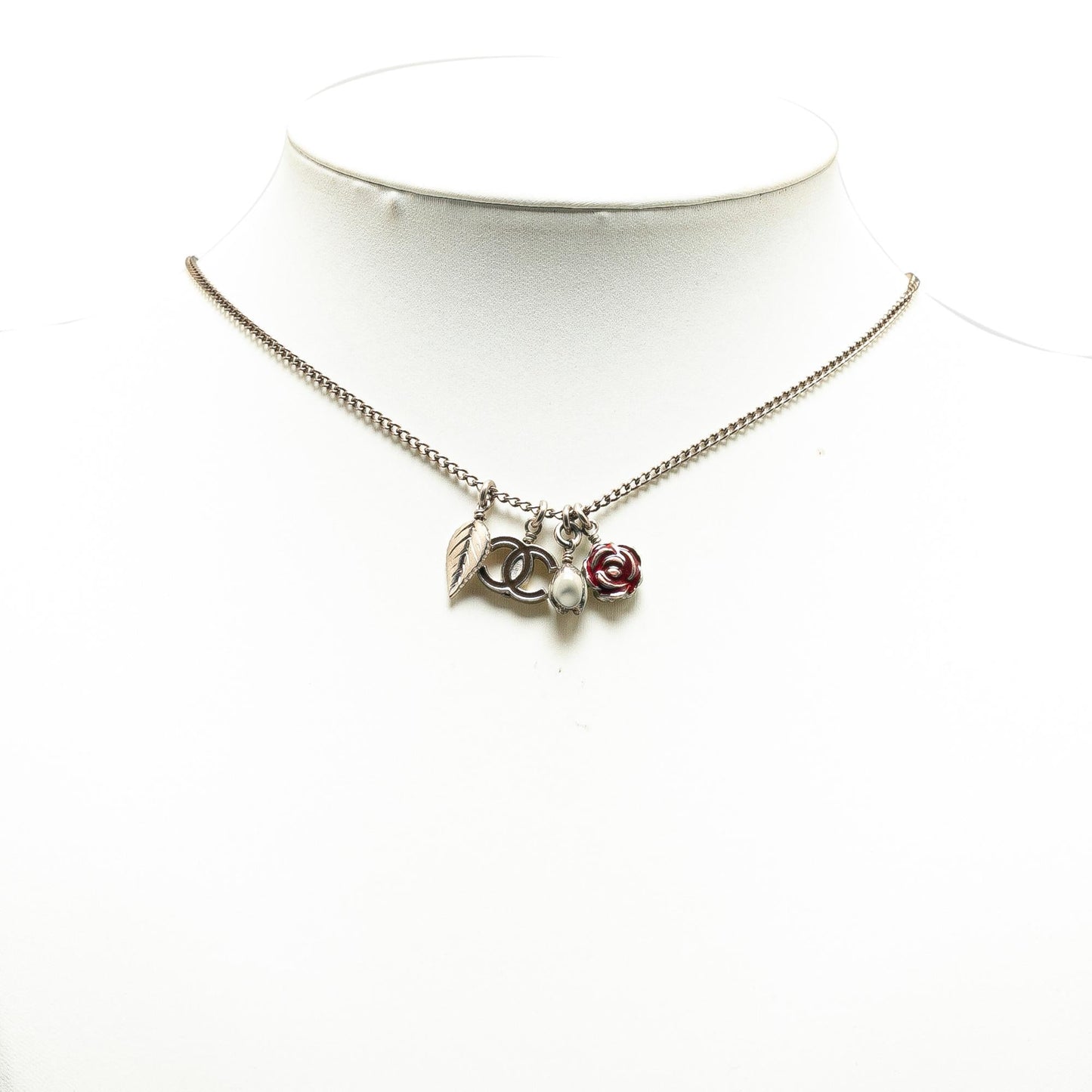 Chanel Silver Plated CC Camellia Charms Necklace