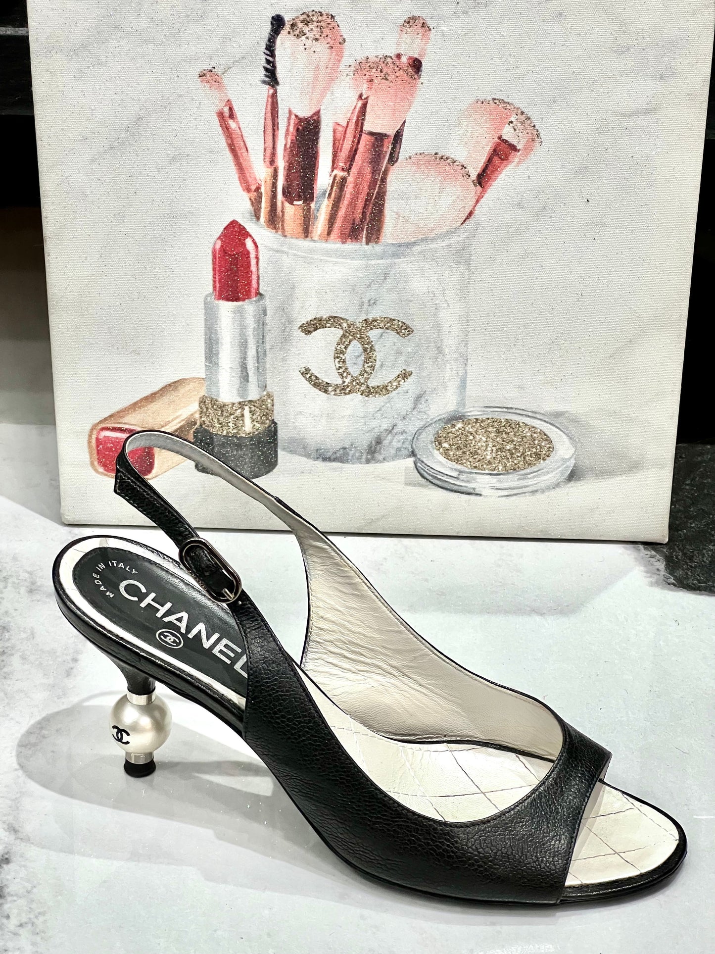 CHANEL CC SLINGBACK SANDAL WITH CC PEARL HEEL
