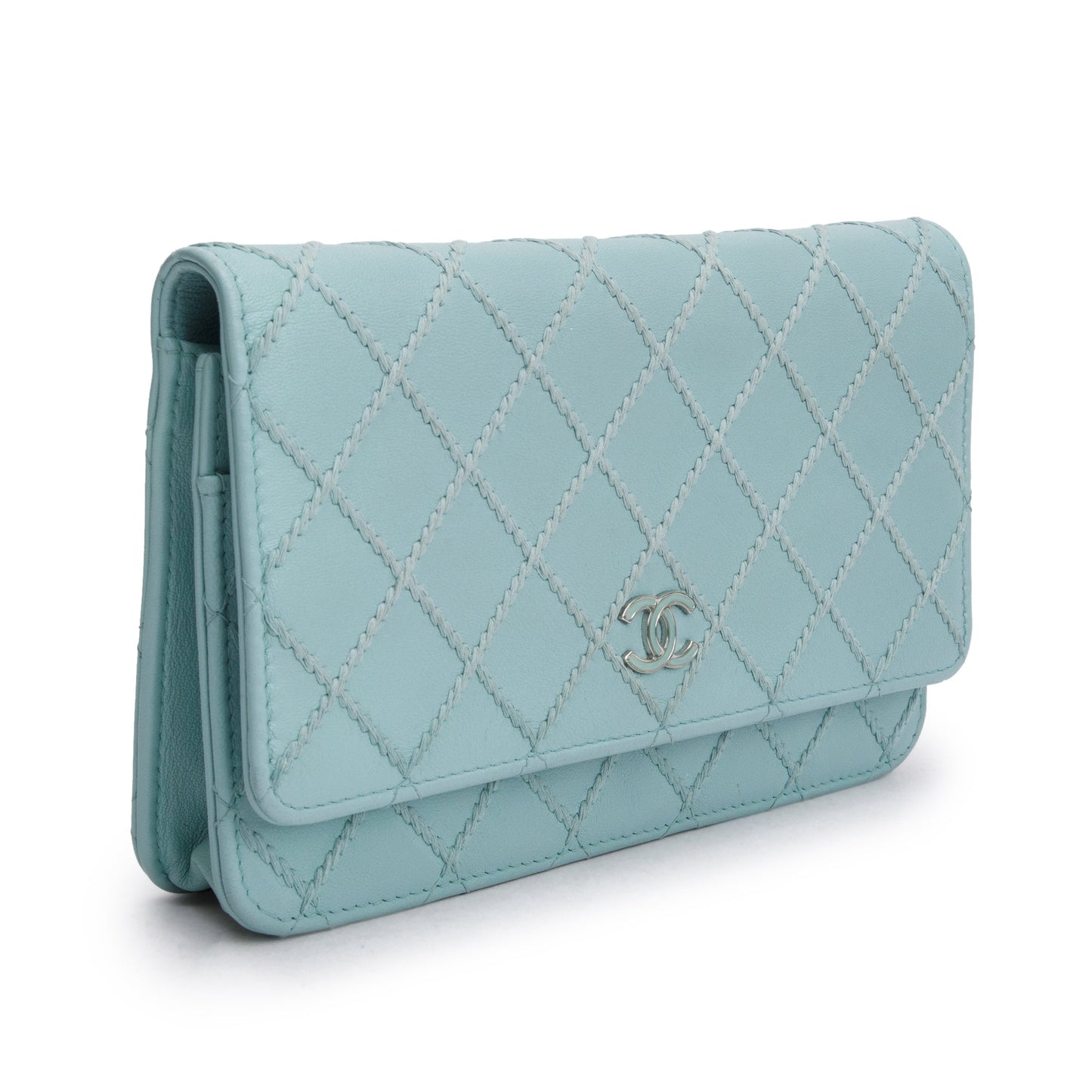 Chanel Turquoise Quilted Calfskin Leather Diamond Stitch Wallet on Chain