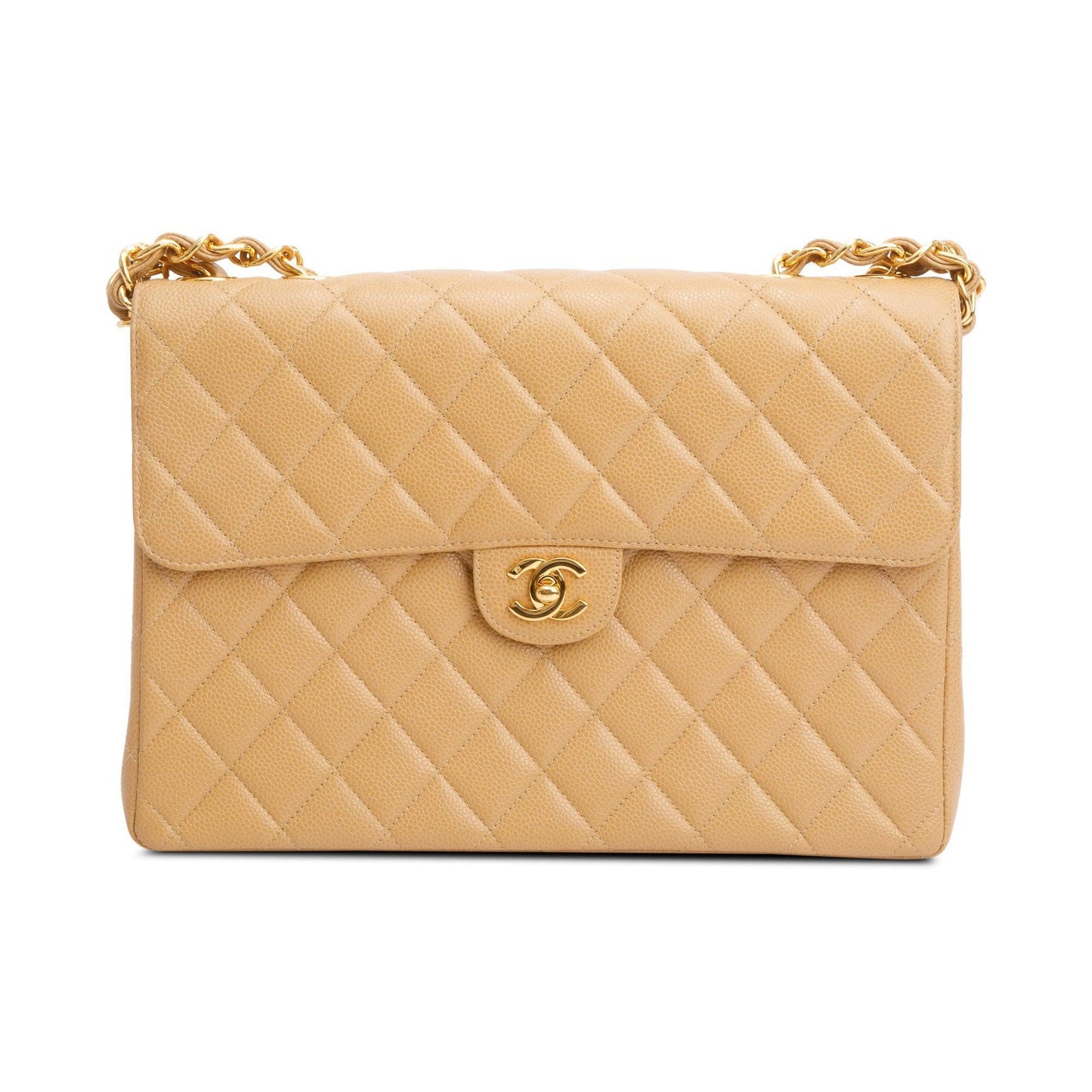 Chanel Vintage Beige Caviar Square Classic Jumbo Single Flap Bag