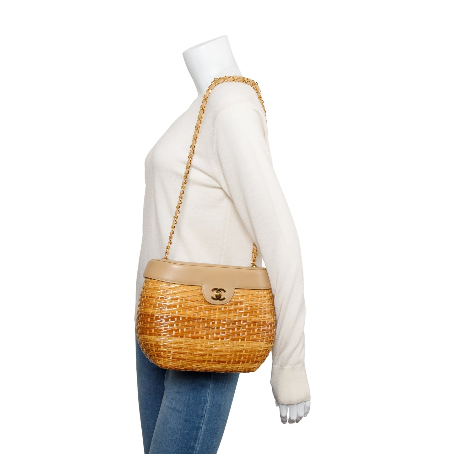 Chanel Vintage Beige Lambskin Leather Wicker Basket Bag