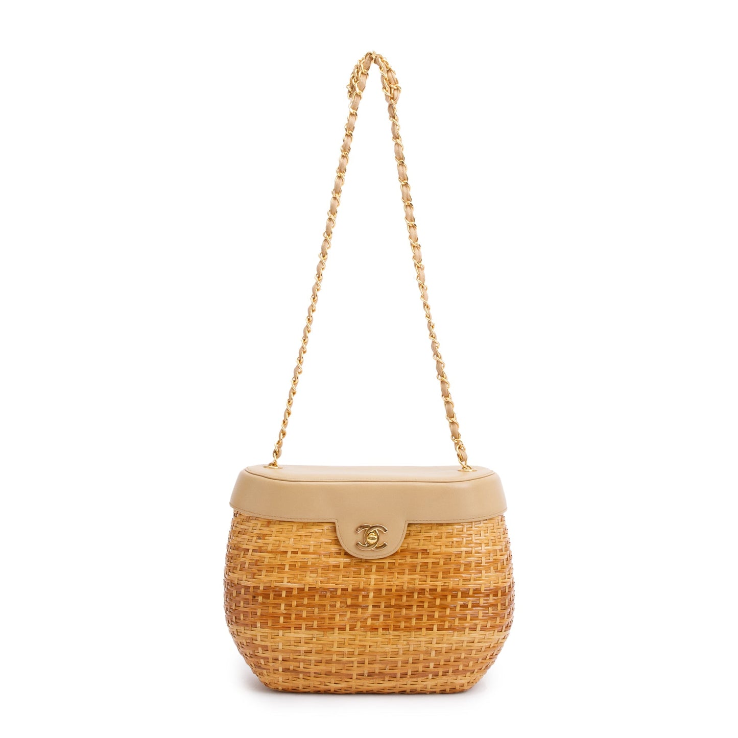 Chanel Vintage Beige Lambskin Leather Wicker Basket Bag