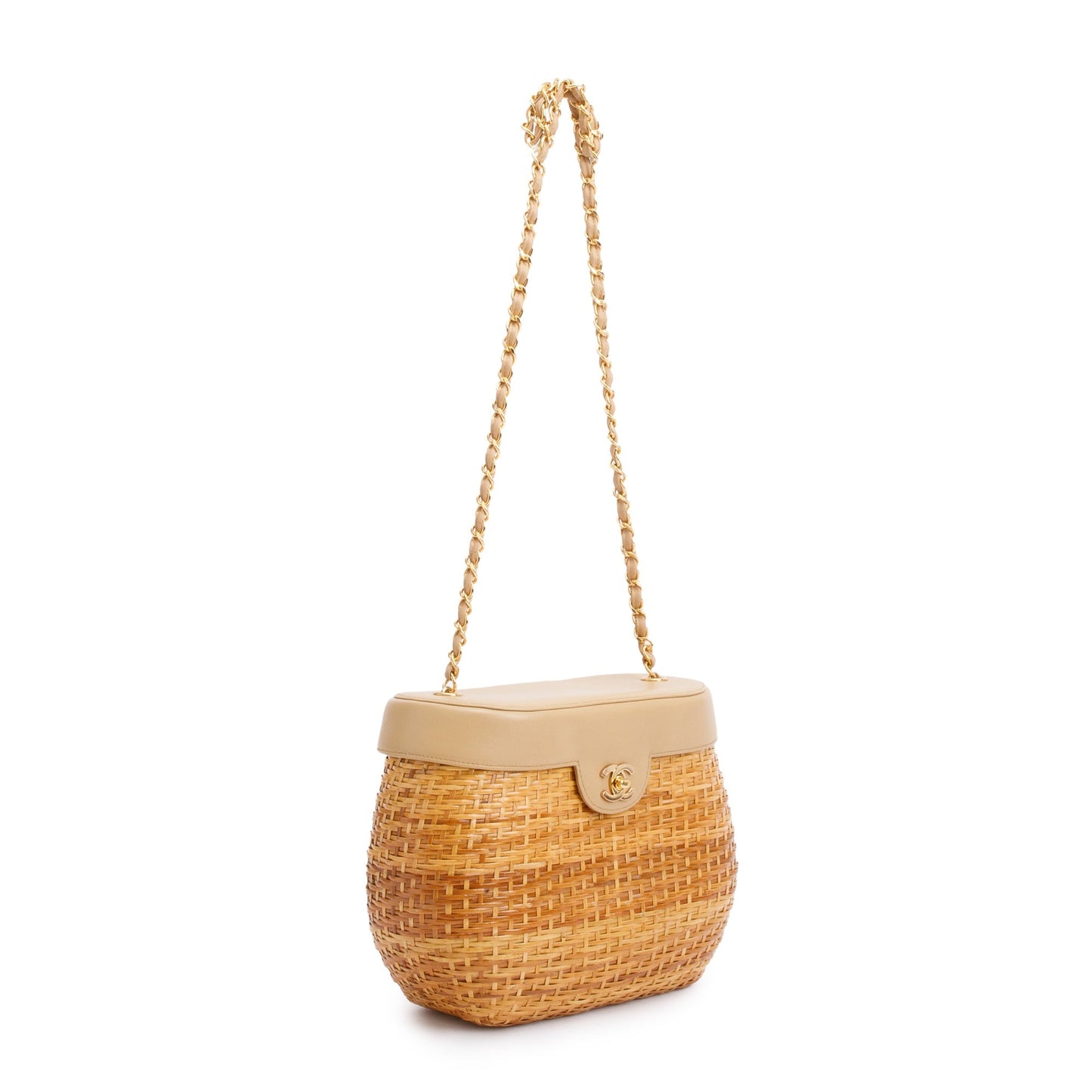 Chanel Vintage Beige Lambskin Leather Wicker Basket Bag