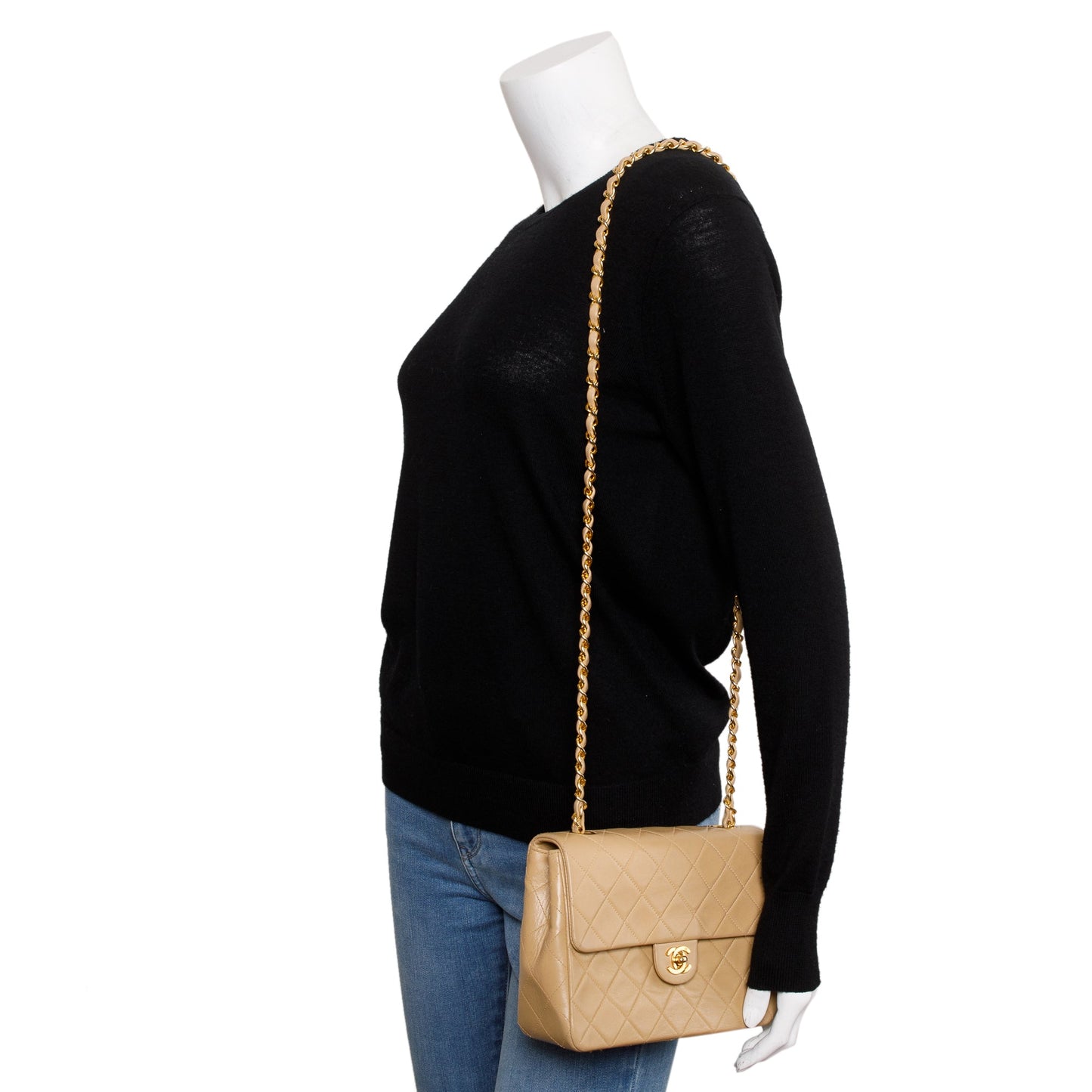 Chanel Vintage Beige Leather Small Square Single Flap Bag