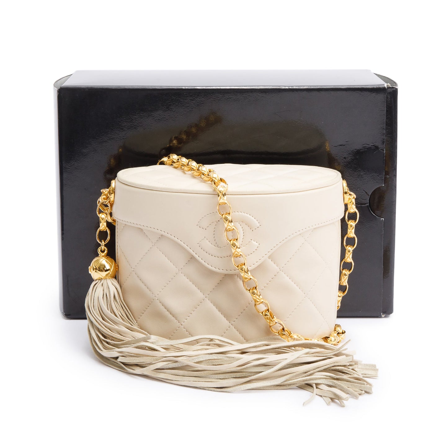 Chanel Vintage Beige Quilted Lambskin Leather Tassel Vanity Case on Chain