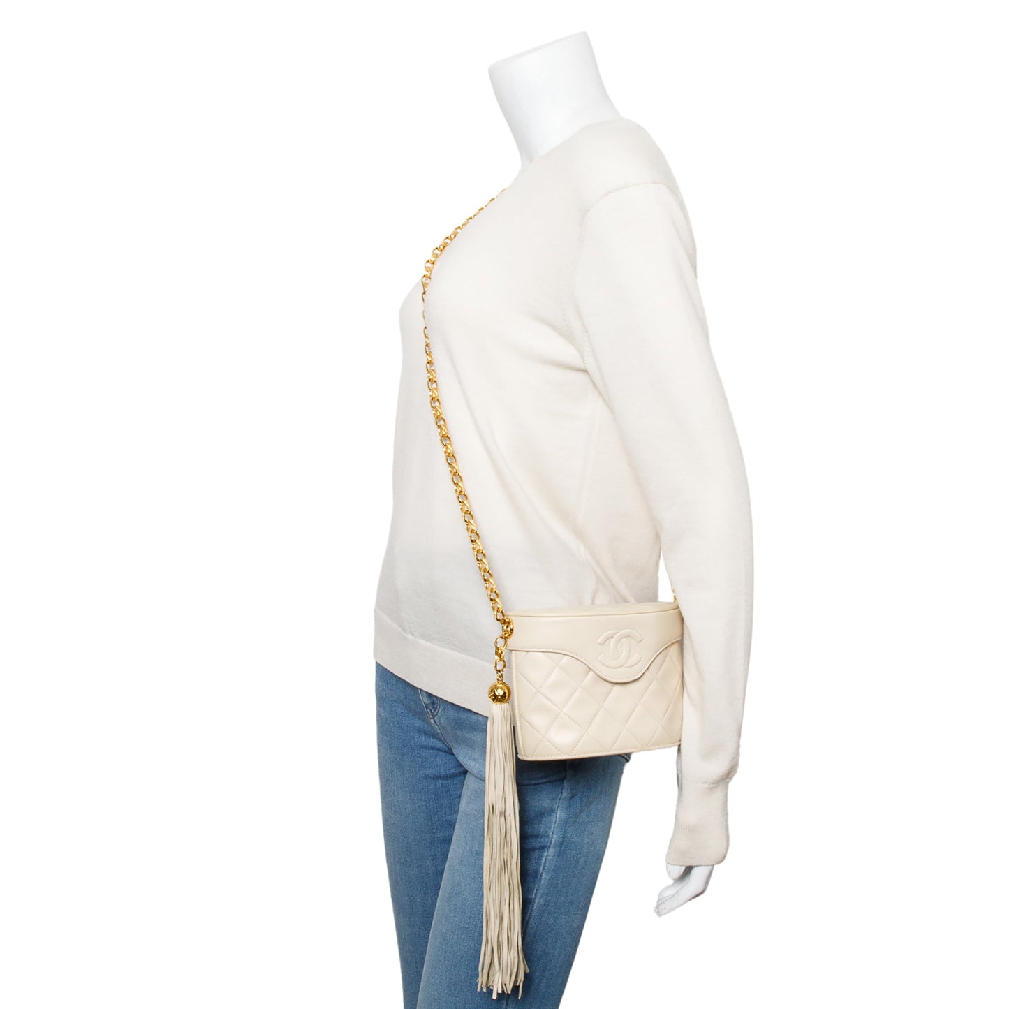 Chanel Vintage Beige Quilted Lambskin Leather Tassel Vanity Case on Chain