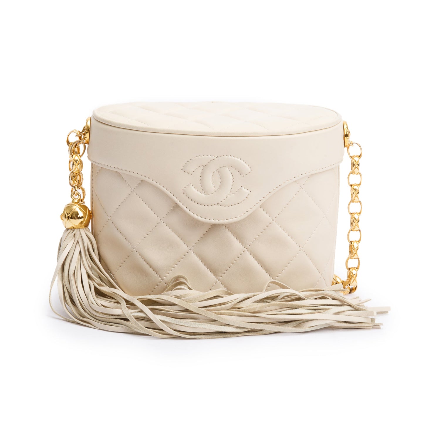 Chanel Vintage Beige Quilted Lambskin Leather Tassel Vanity Case on Chain