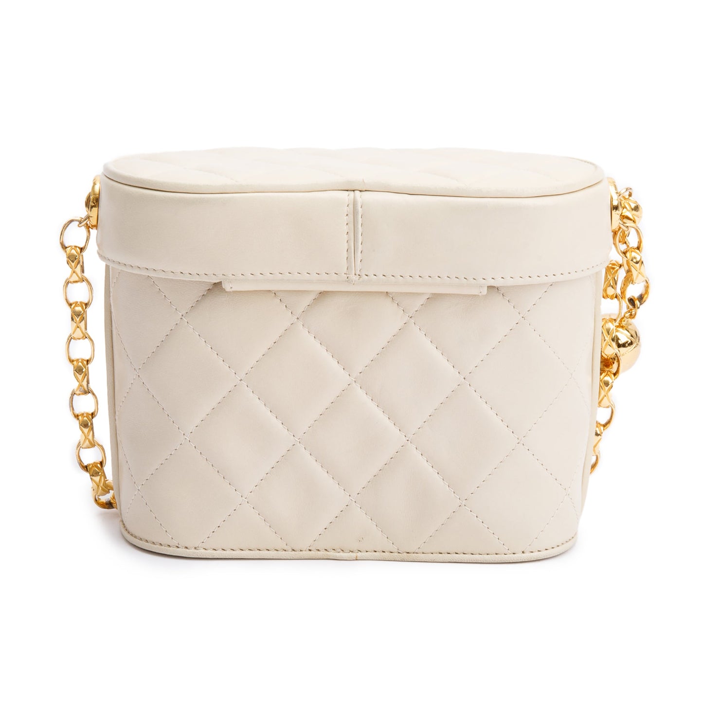 Chanel Vintage Beige Quilted Lambskin Leather Tassel Vanity Case on Chain