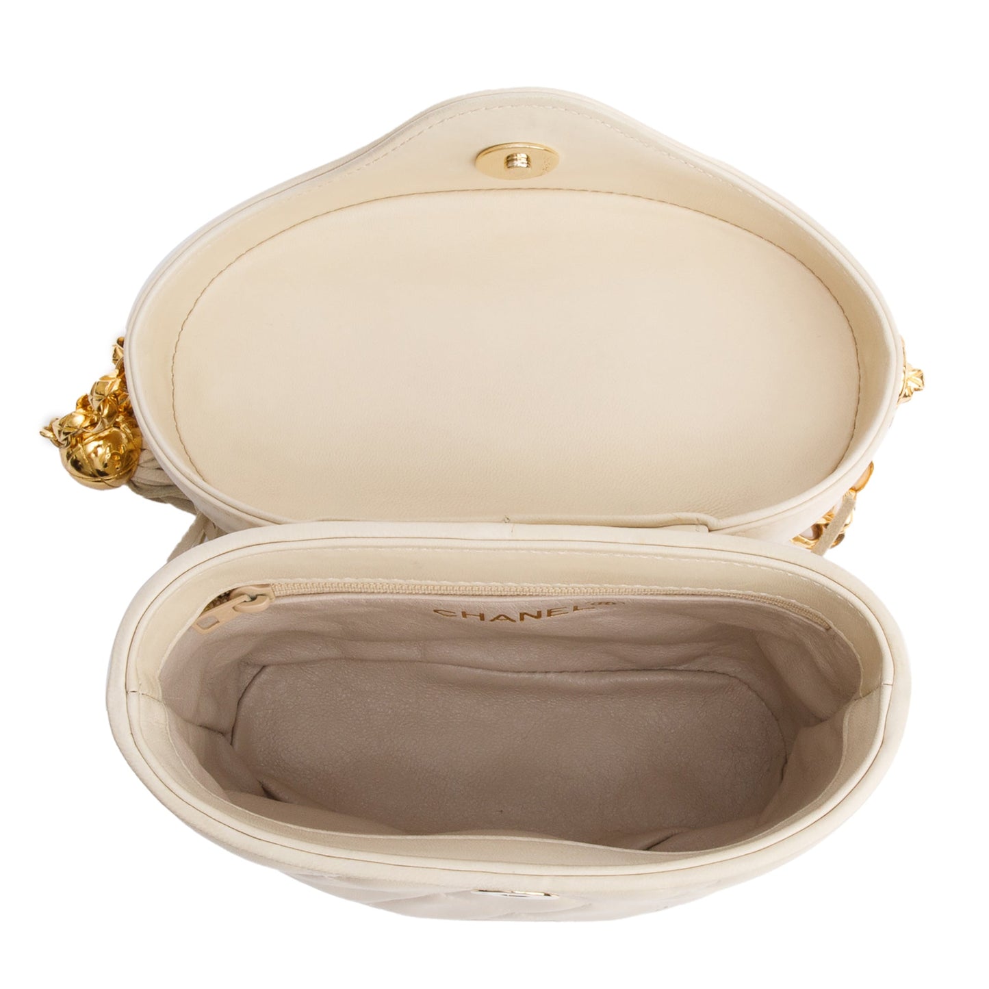 Chanel Vintage Beige Quilted Lambskin Leather Tassel Vanity Case on Chain