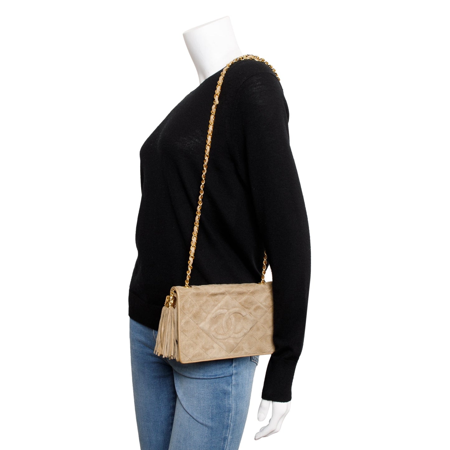 Chanel Vintage Beige Suede Timeless Tassel Wallet on Chain