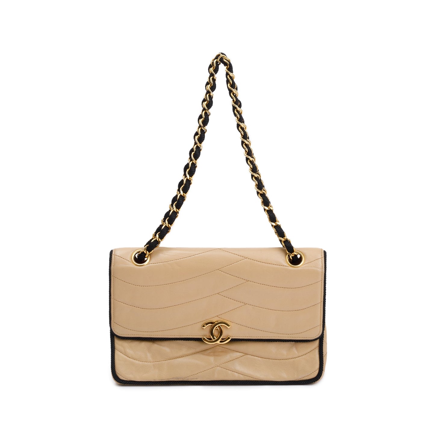Chanel Vintage Beige Wave Quilted Lambskin Leather Small Flap Bag