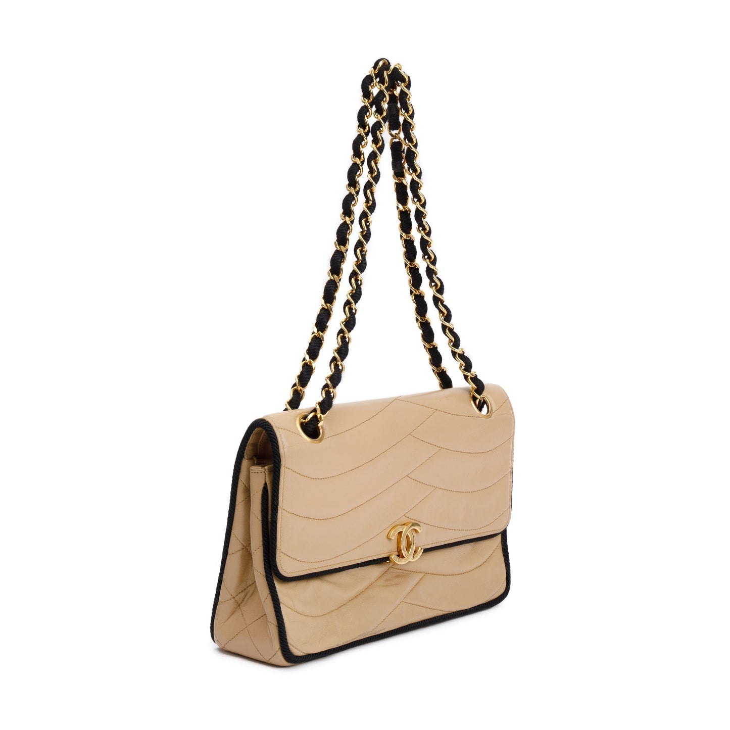 Chanel Vintage Beige Wave Quilted Lambskin Leather Small Flap Bag
