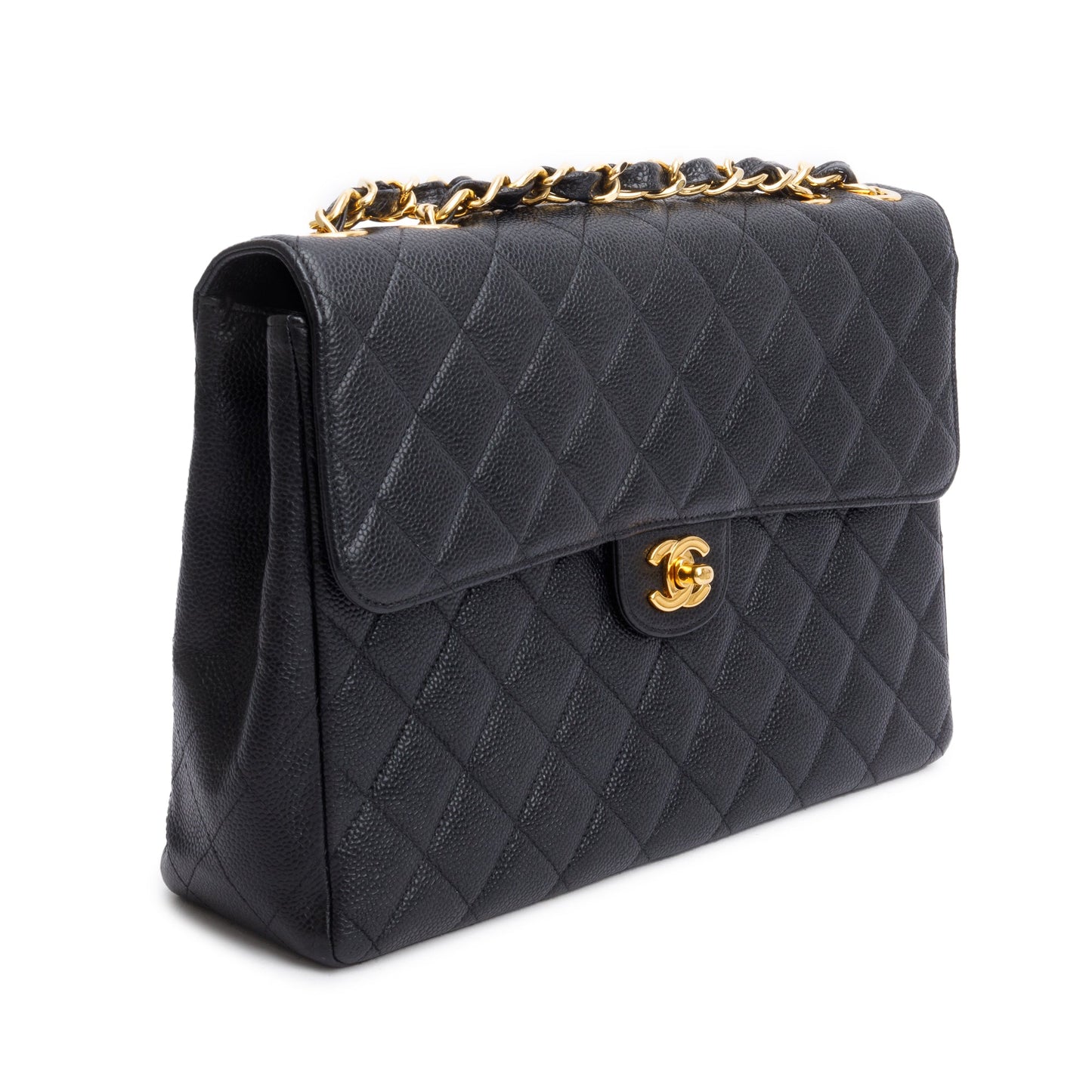 Chanel Vintage Black Caviar Square Classic Jumbo Single Flap Bag