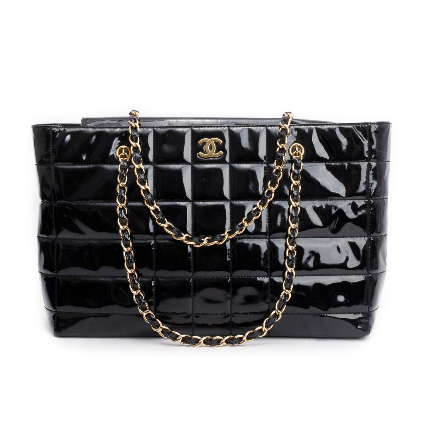 Chanel Vintage Black Chocolate Bar Quilted Patent Leather Tote