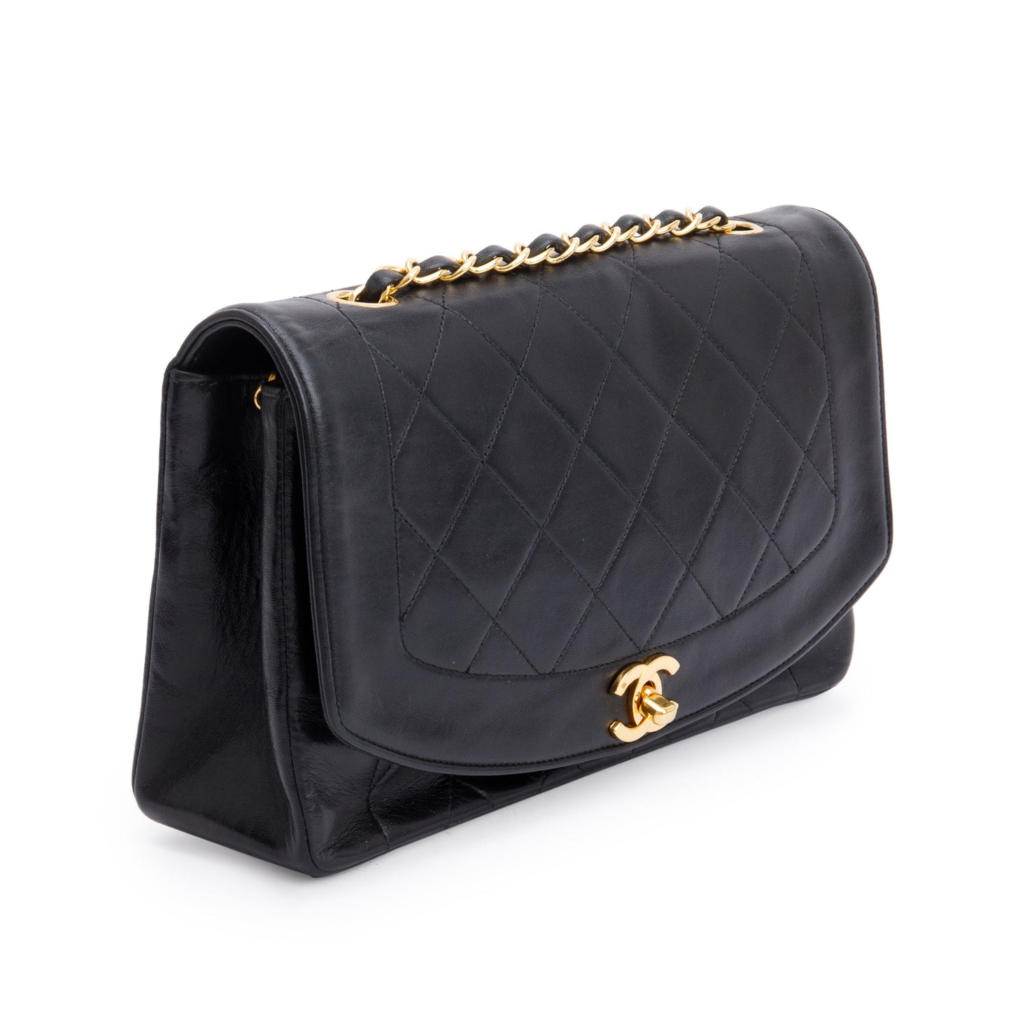 Chanel Vintage Black Lambskin Leather Medium Diana Flap Bag