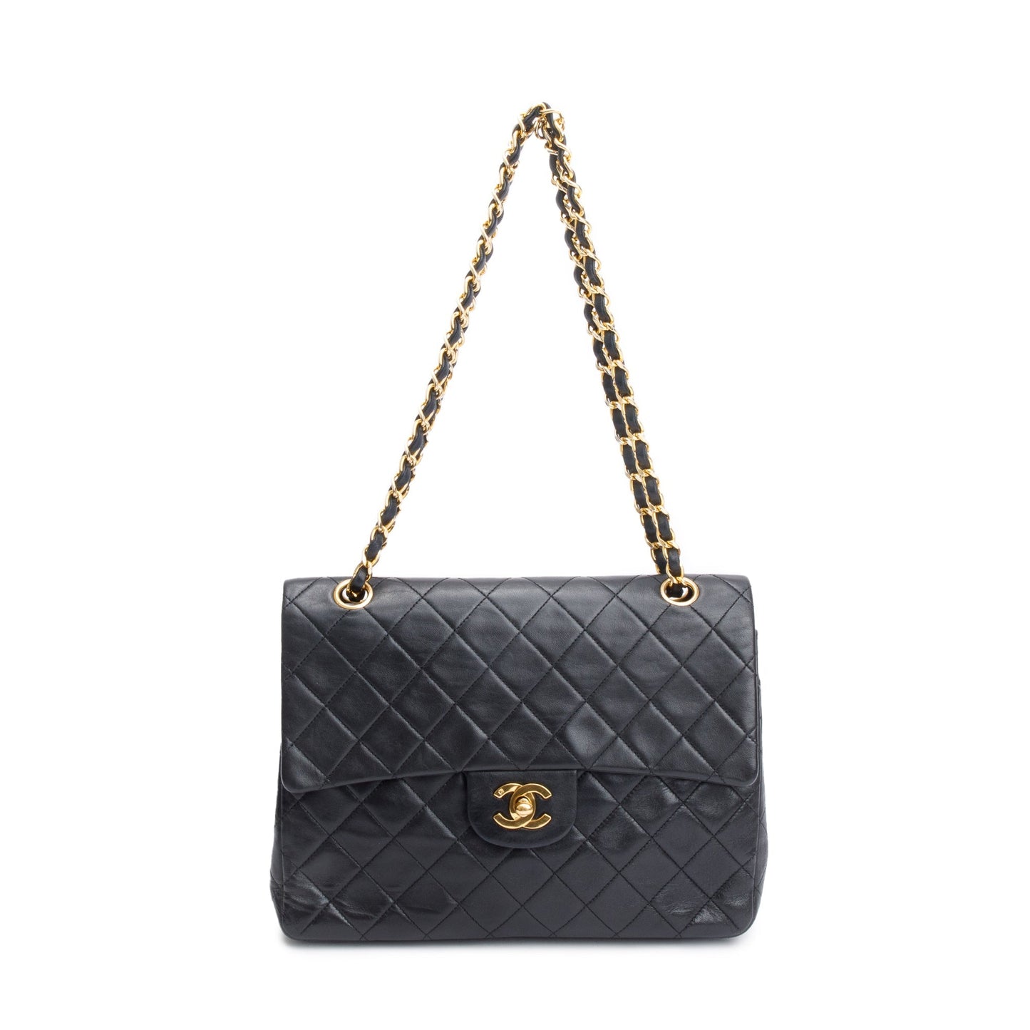Chanel Vintage Black Lamskin Leather Medium Square Double Flap Bag