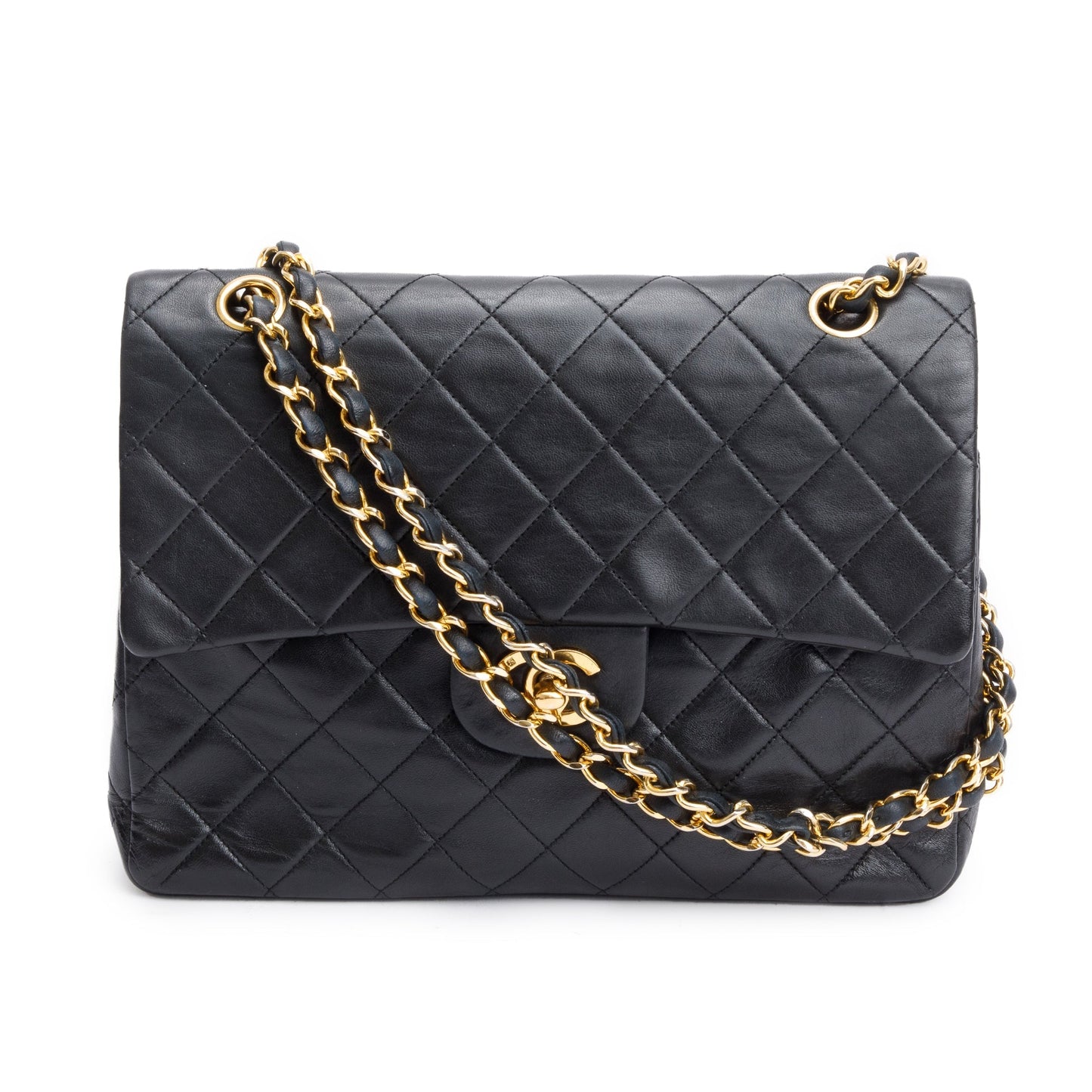 Chanel Vintage Black Lamskin Leather Medium Square Double Flap Bag