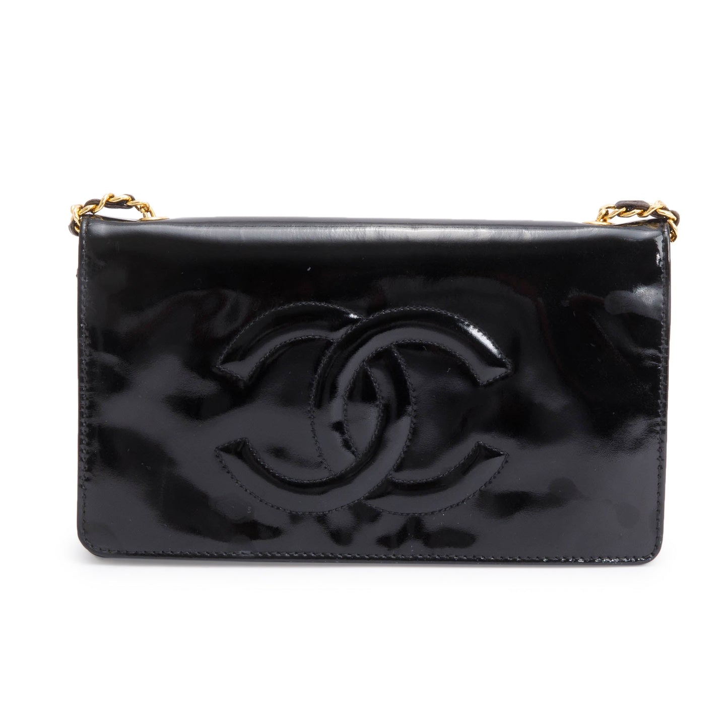 Chanel Vintage Black Patent Leather Timeless Wallet on Chain