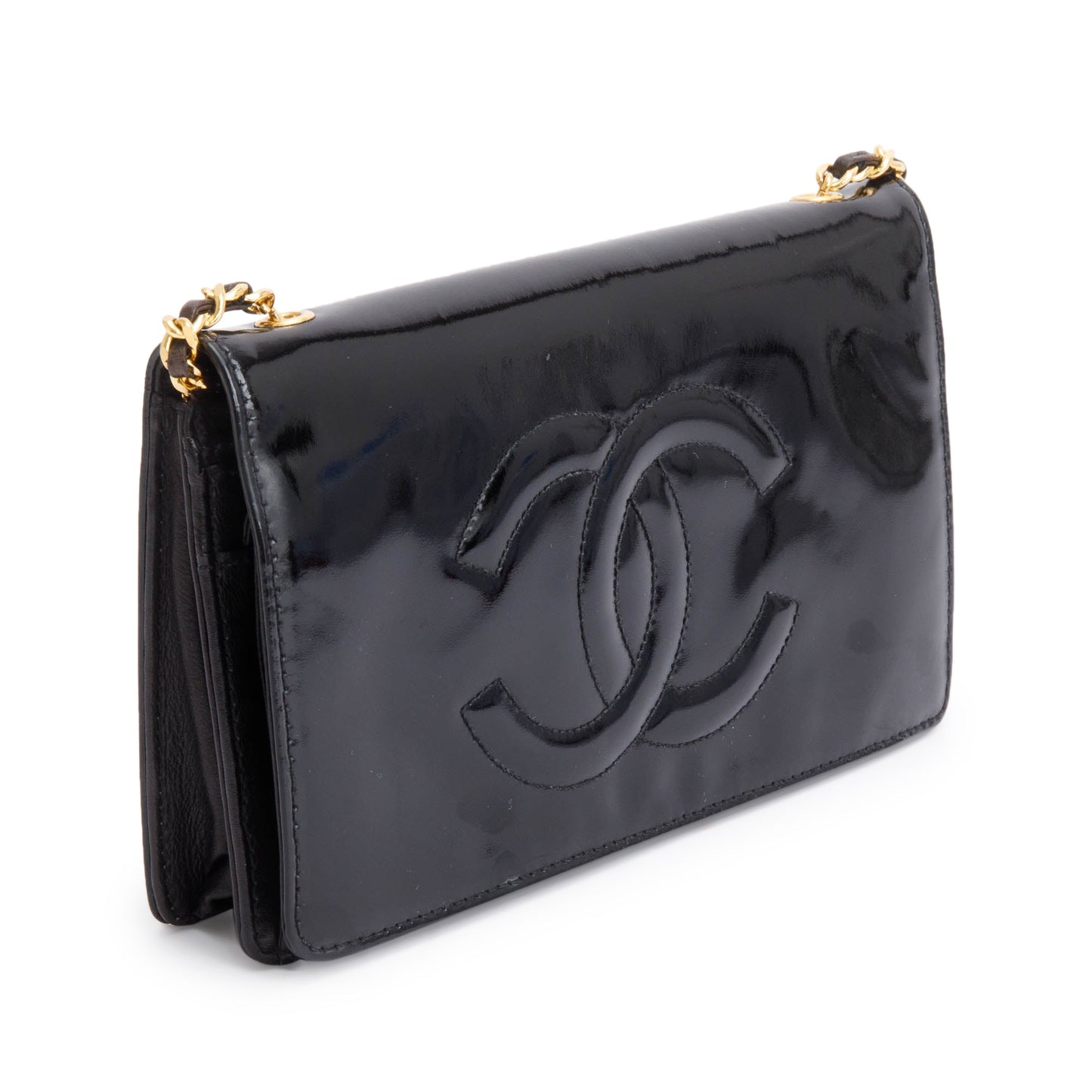 Chanel Vintage Black Patent Leather Timeless Wallet on Chain