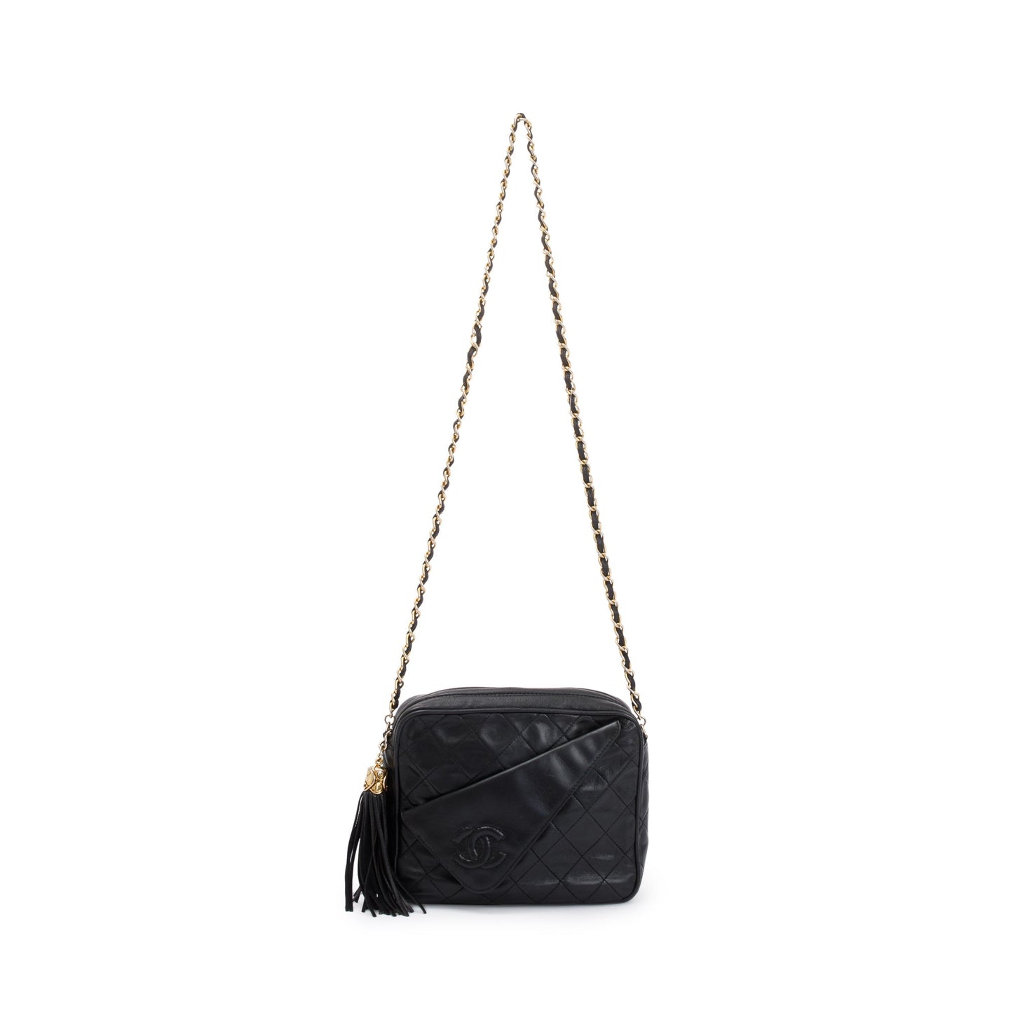 Chanel Vintage Black Quilted Calfskin Leather CC Tassel Camera Bag