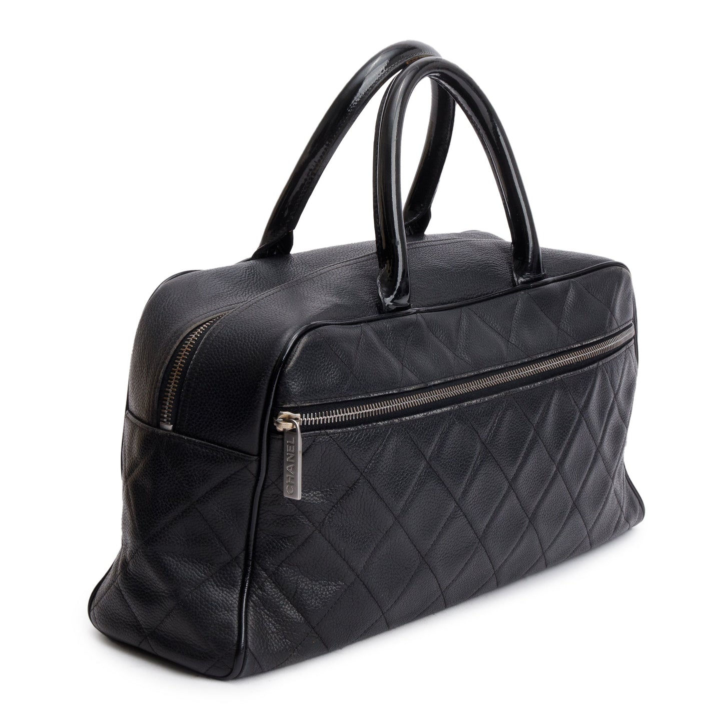 Chanel Vintage Black Quilted Caviar Leather Large Logo Bowler Bag
