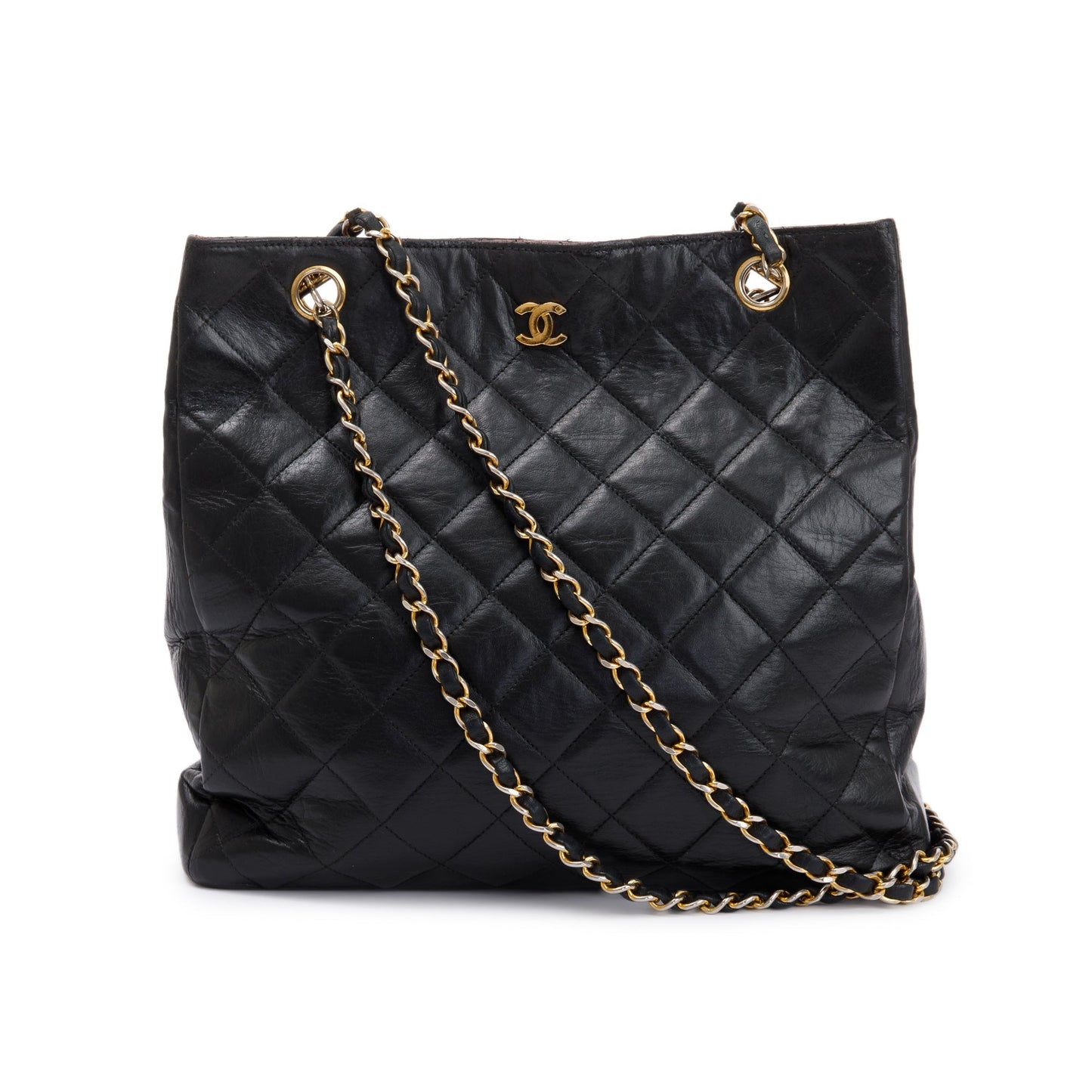 Chanel Vintage Black Quilted Lambskin Leather CC Shopping Tote