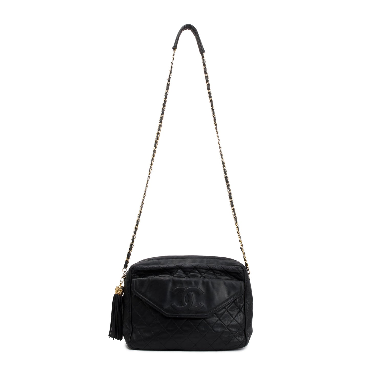 Chanel Vintage Black Quilted Lambskin Leather CC Tassel Camera Bag