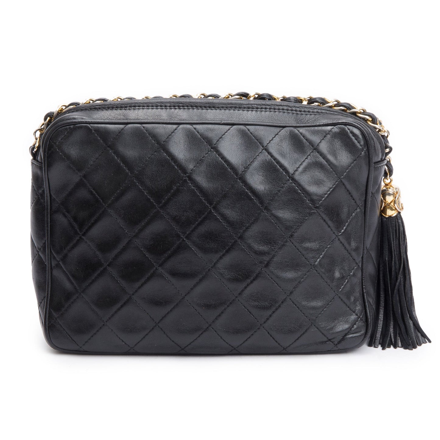 Chanel Vintage Black Quilted Lambskin Leather CC Tassel Camera Bag