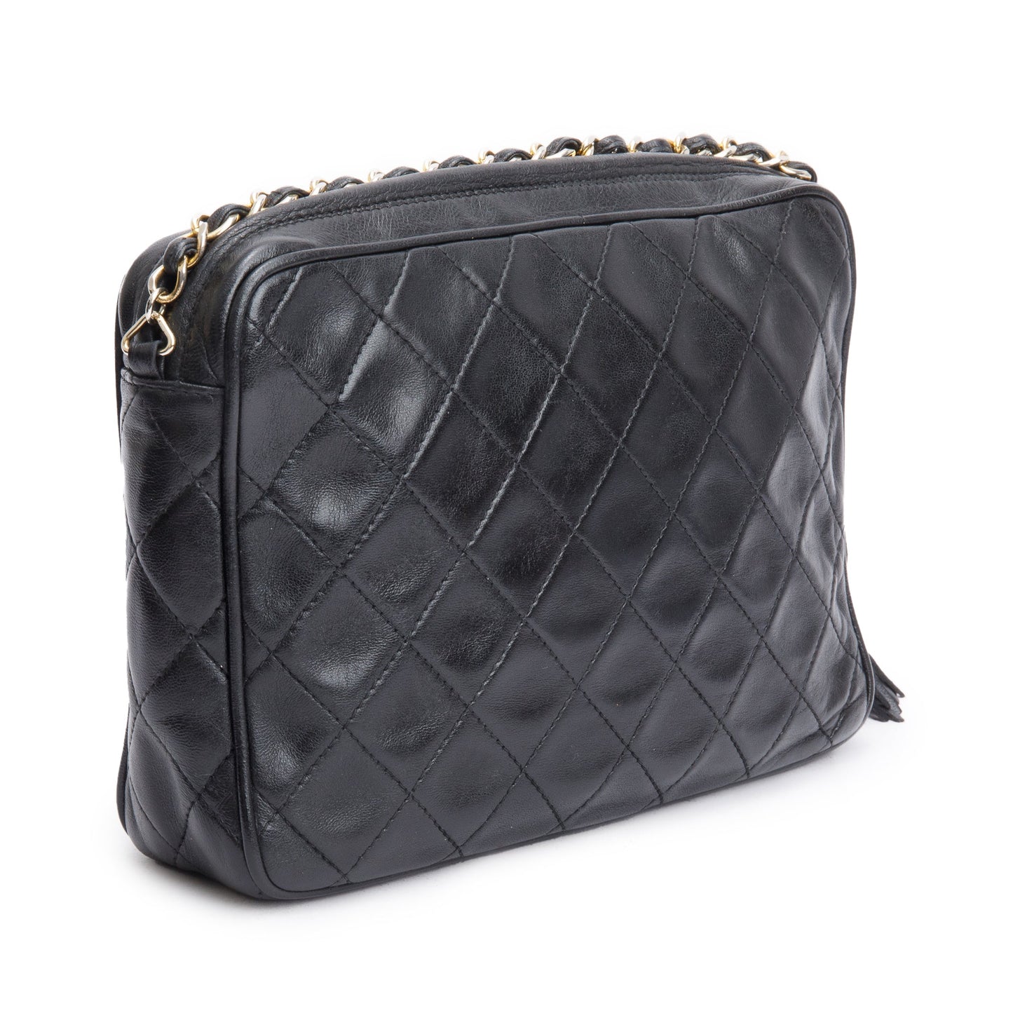 Chanel Vintage Black Quilted Lambskin Leather CC Tassel Camera Bag