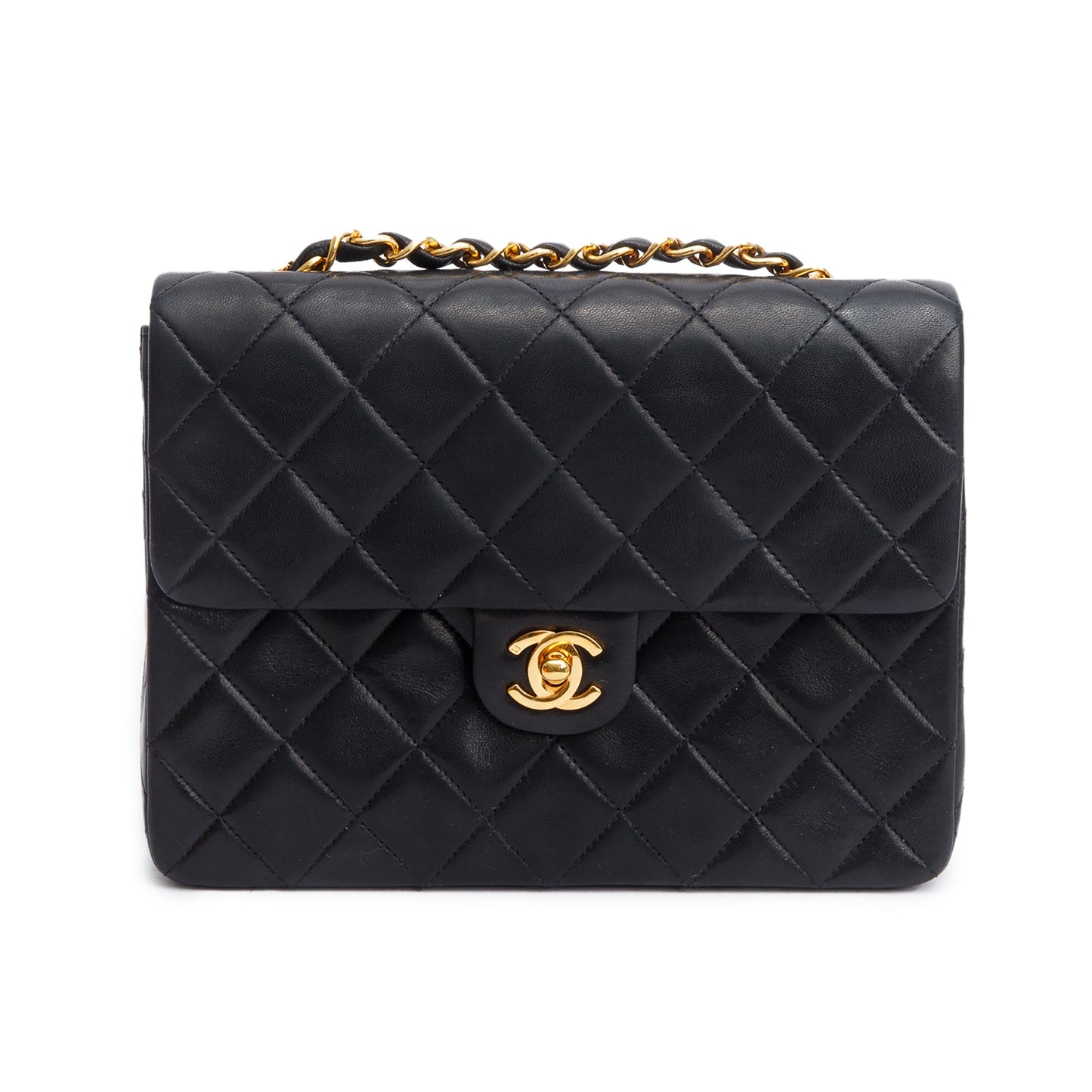 Chanel Vintage Black Quilted Lambskin Leather Small Square Single Flap Bag