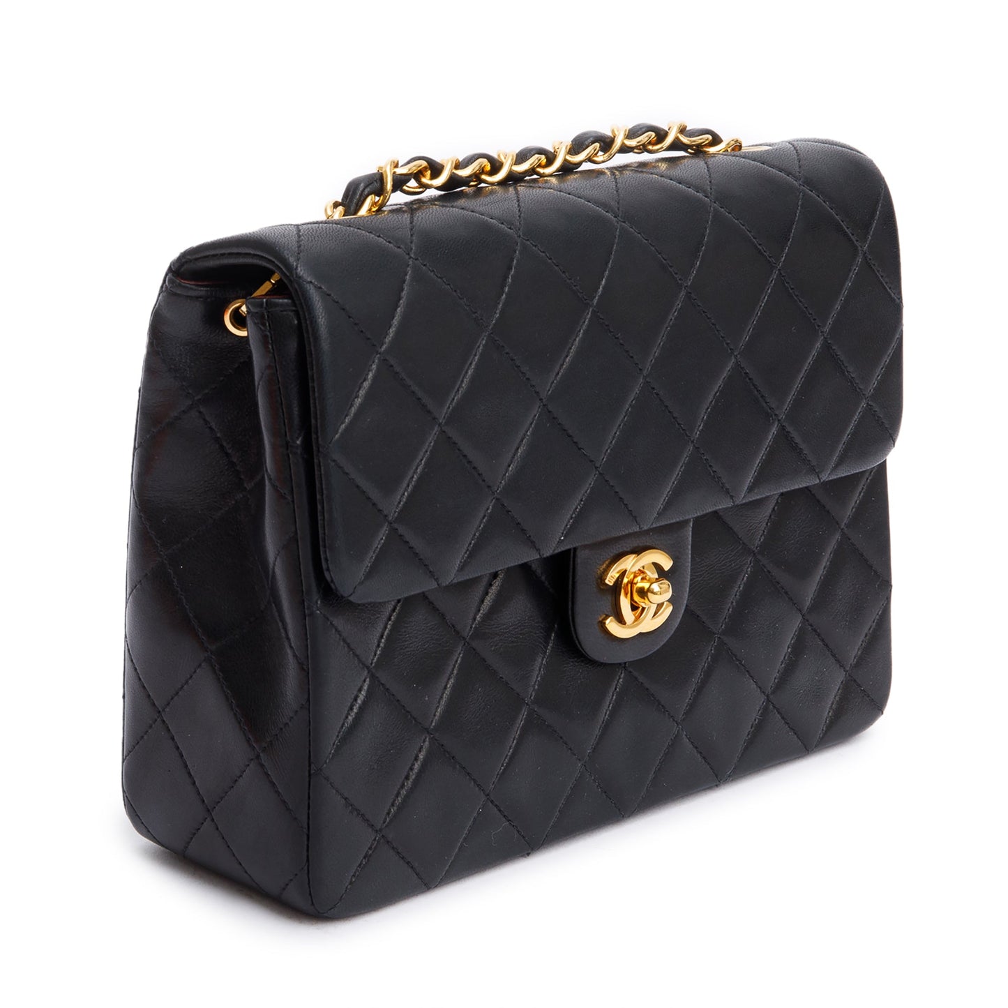 Chanel Vintage Black Quilted Lambskin Leather Small Square Single Flap Bag