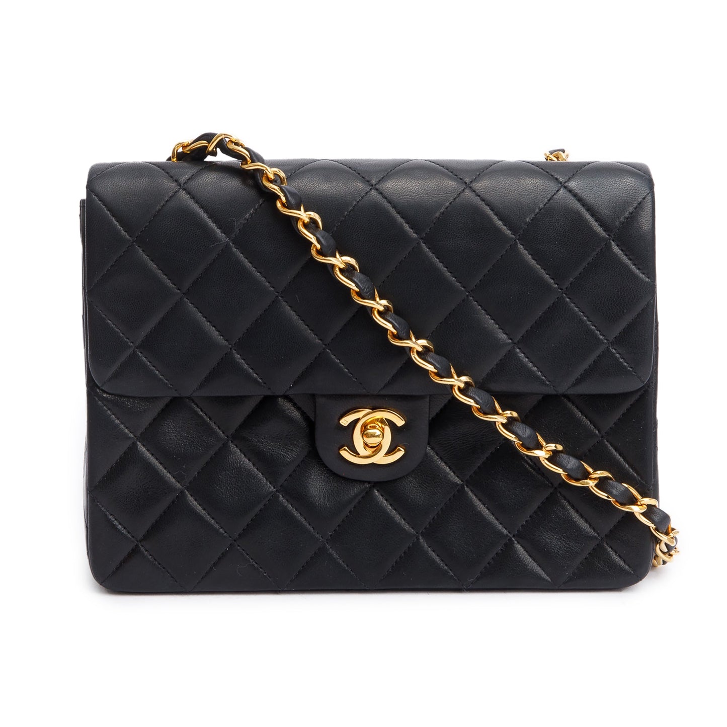 Chanel Vintage Black Quilted Lambskin Leather Small Square Single Flap Bag