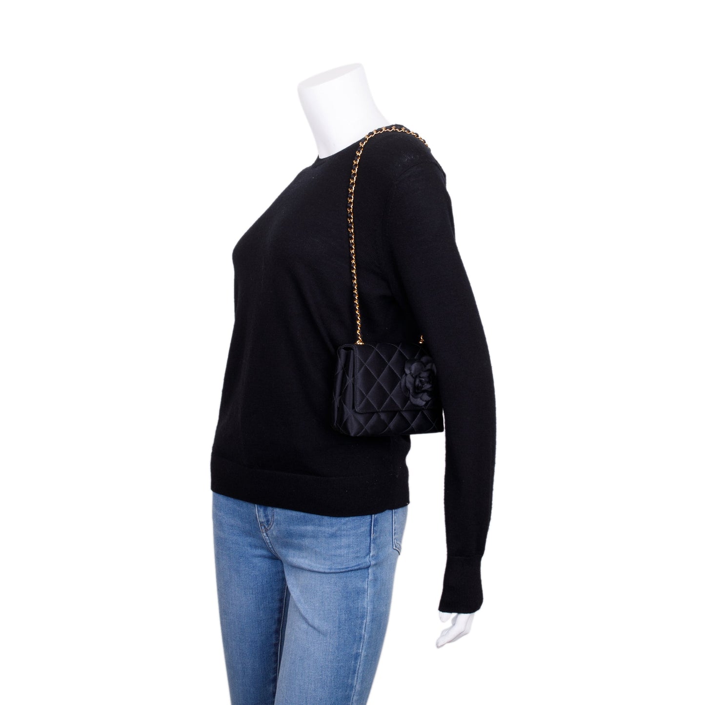 Chanel Vintage Black Quilted Satin Mini Camellia Flap Bag