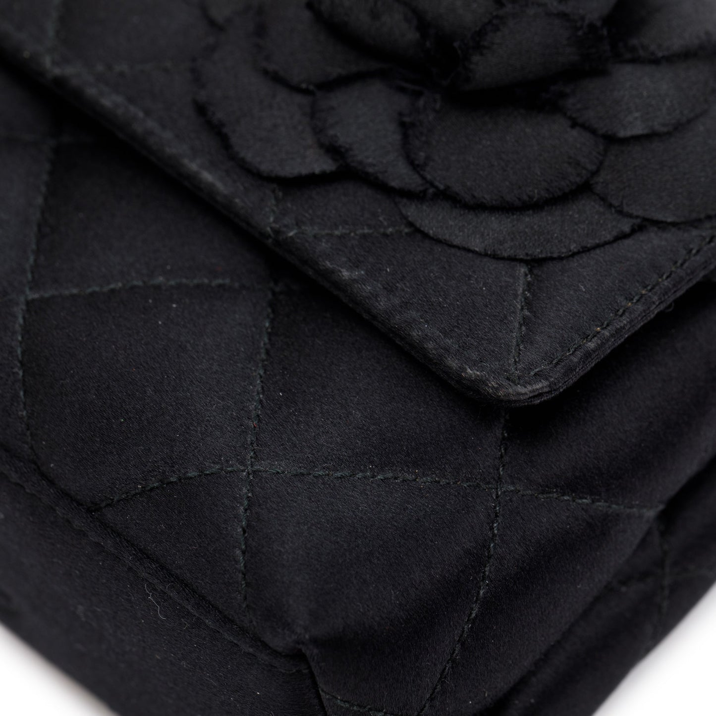 Chanel Vintage Black Quilted Satin Mini Camellia Flap Bag